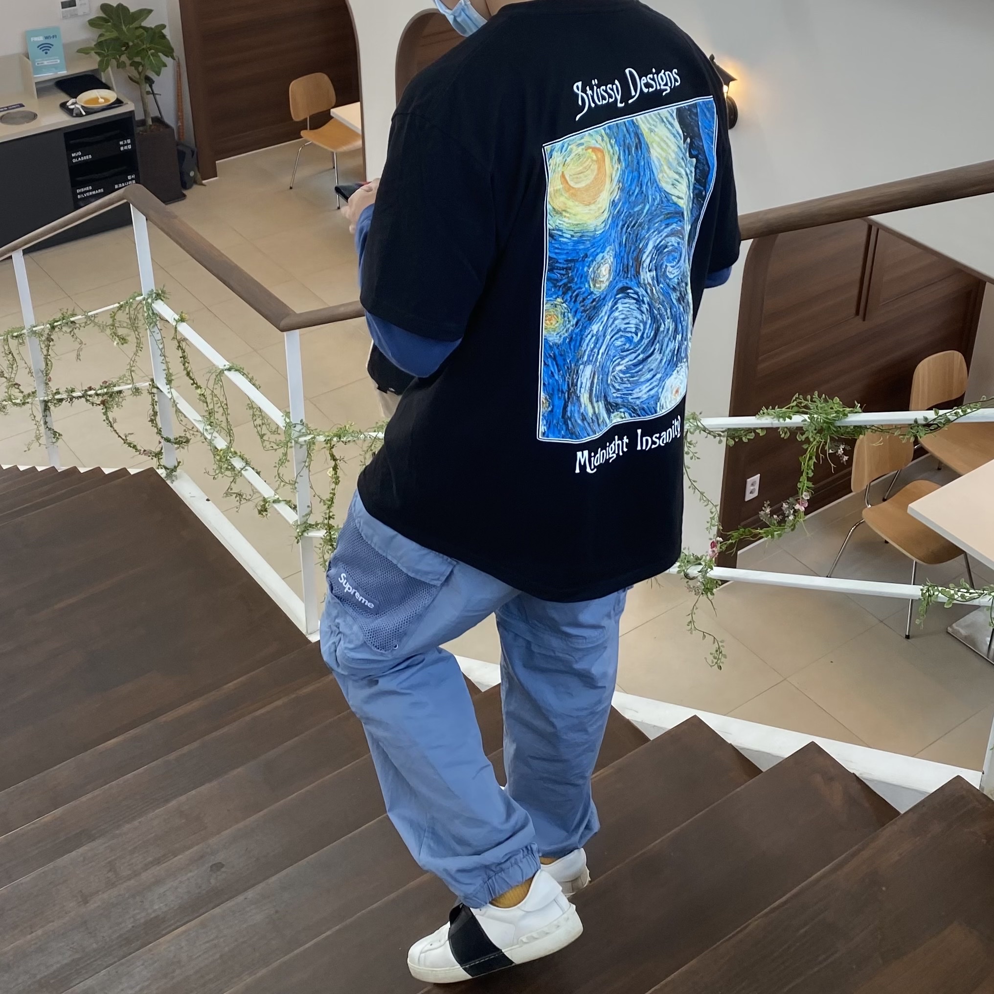 Stussy Midnight Insanity T-Shirt Black, Supreme Mesh Pocket Belted Cargo Pants Slate - 21SS 착용 스타일 - 2