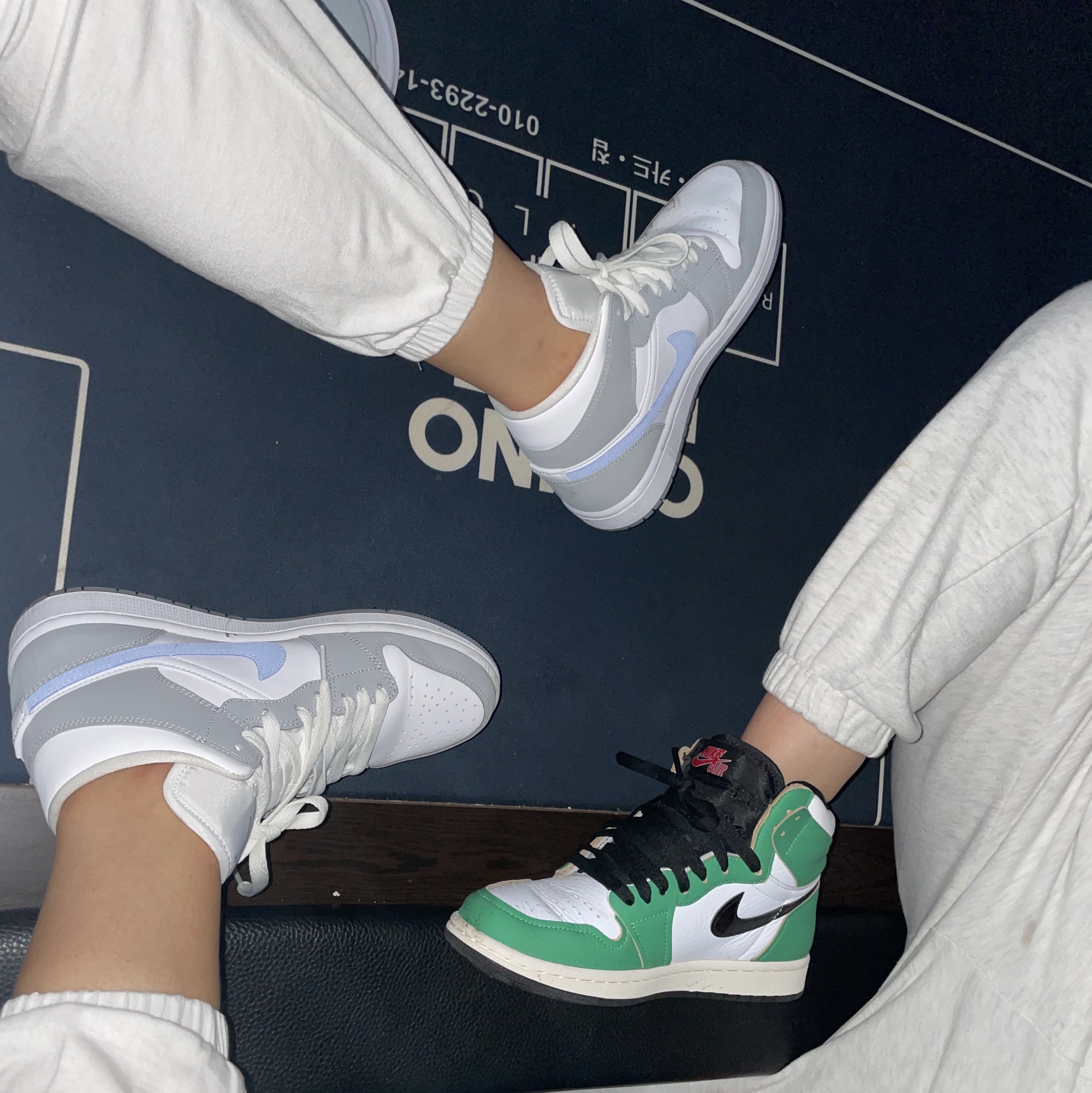 (W) Jordan 1 Mid Wolf Grey, (W) Jordan 1 Retro High OG Lucky Green 착용 스타일