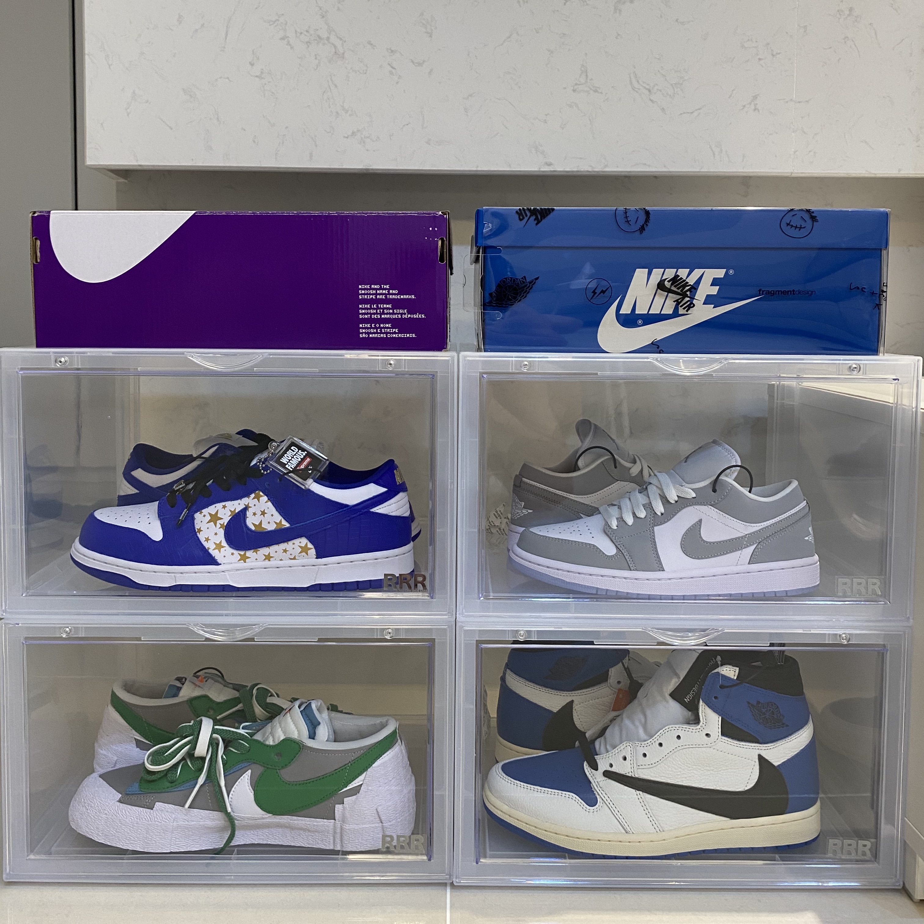 Nike x Supreme SB Dunk Low Hyper Blue, Nike x Sacai Blazer Low Classic Green 착용 스타일