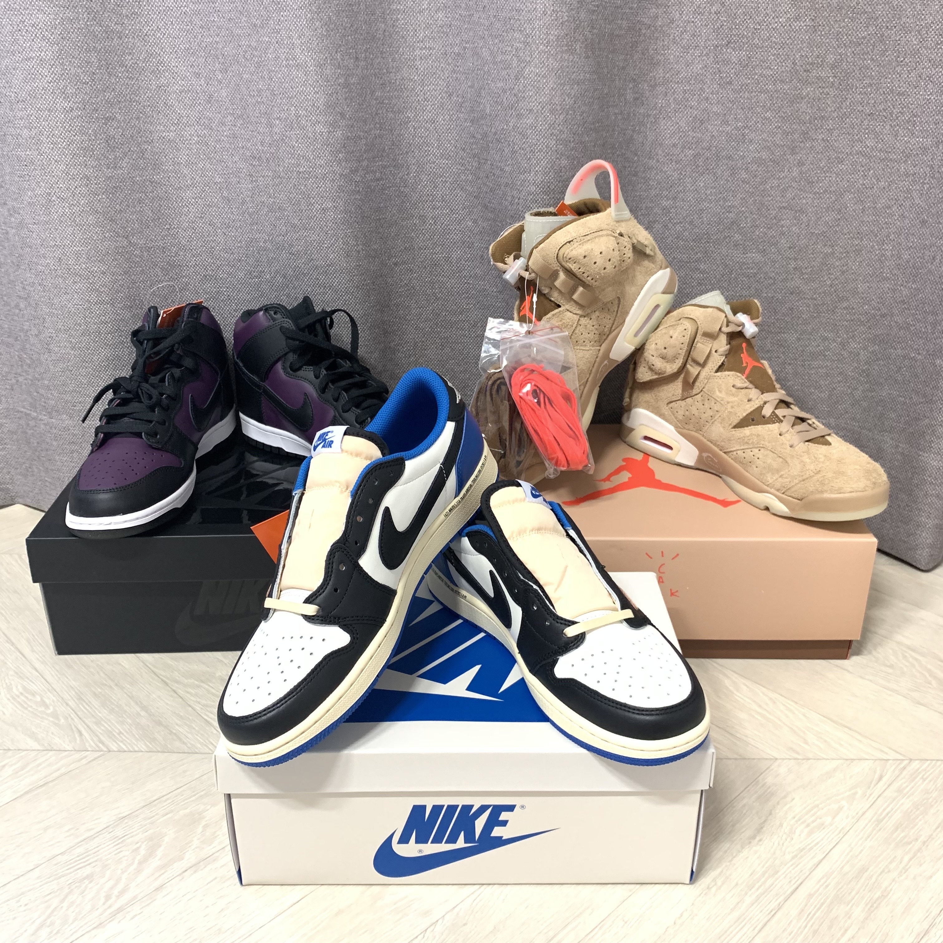 Jordan 1 x Travis Scott x Fragment Retro Low OG SP Military Blue, Nike x Fragment Dunk High Black 착용 스타일 - 5