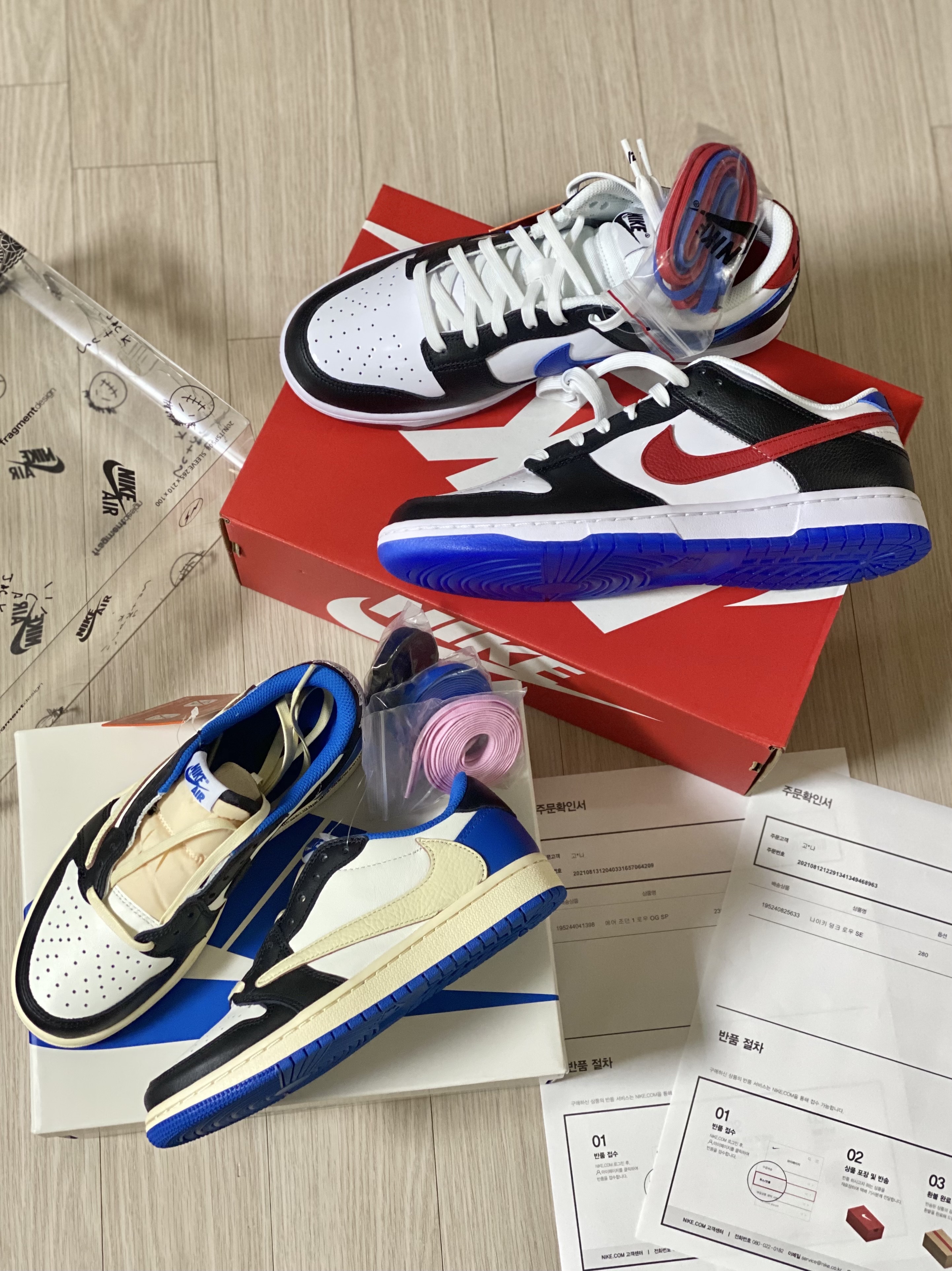 Jordan 1 x Travis Scott x Fragment Retro Low OG SP Military Blue, Nike Dunk Low SE Seoul 착용 스타일