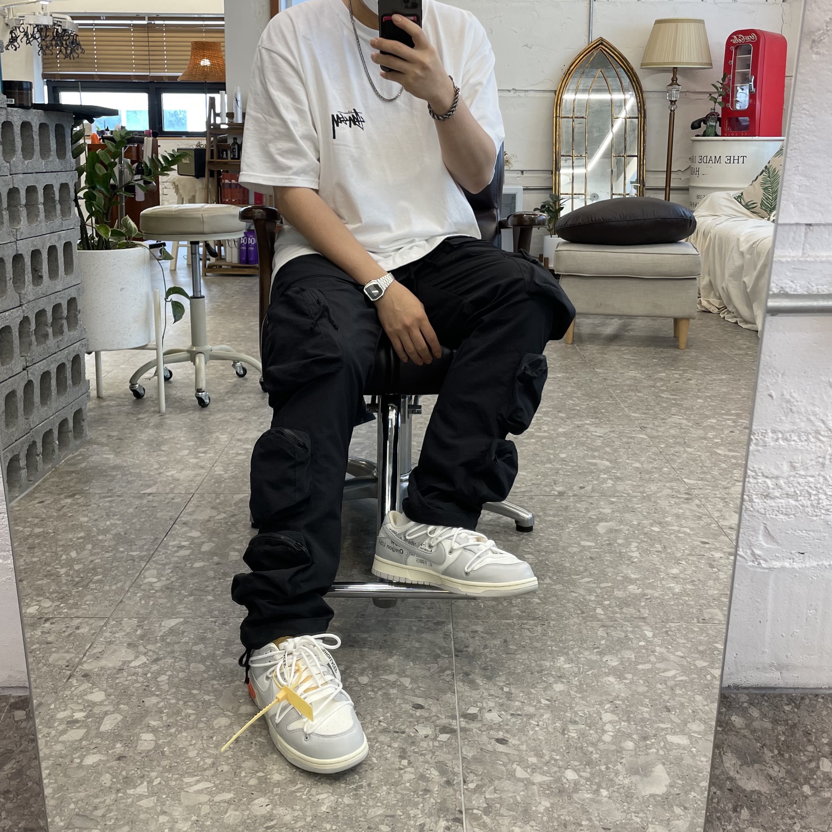 Nike x Off-White Dunk Low The 50 - Lot 46, Stussy Big Link T-Shirt White 착용 스타일