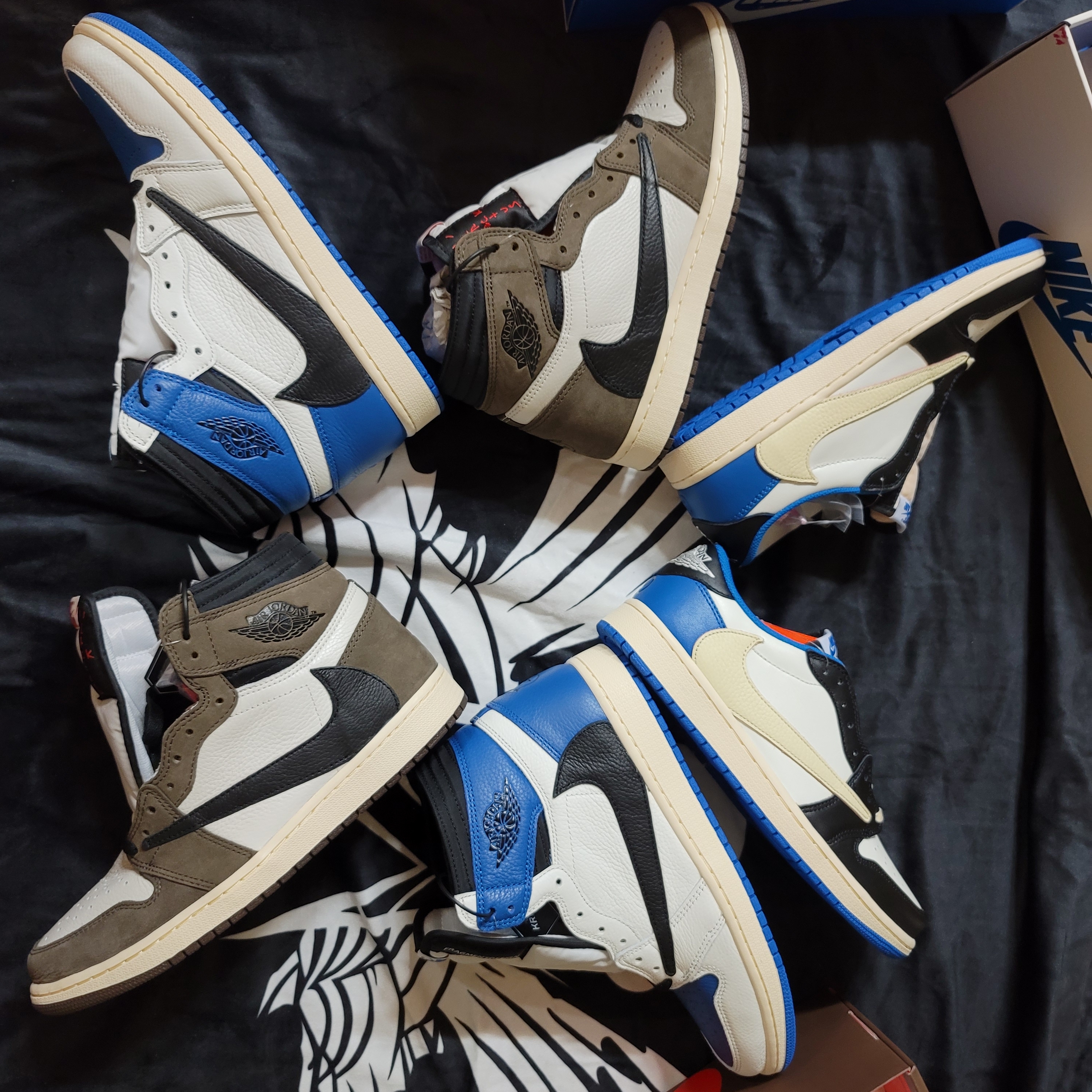 Jordan 1 x Travis Scott x Fragment Retro Low OG SP Military Blue, Jordan 1 x Travis Scott x Fragment Retro High OG SP Military Blue 착용 스타일