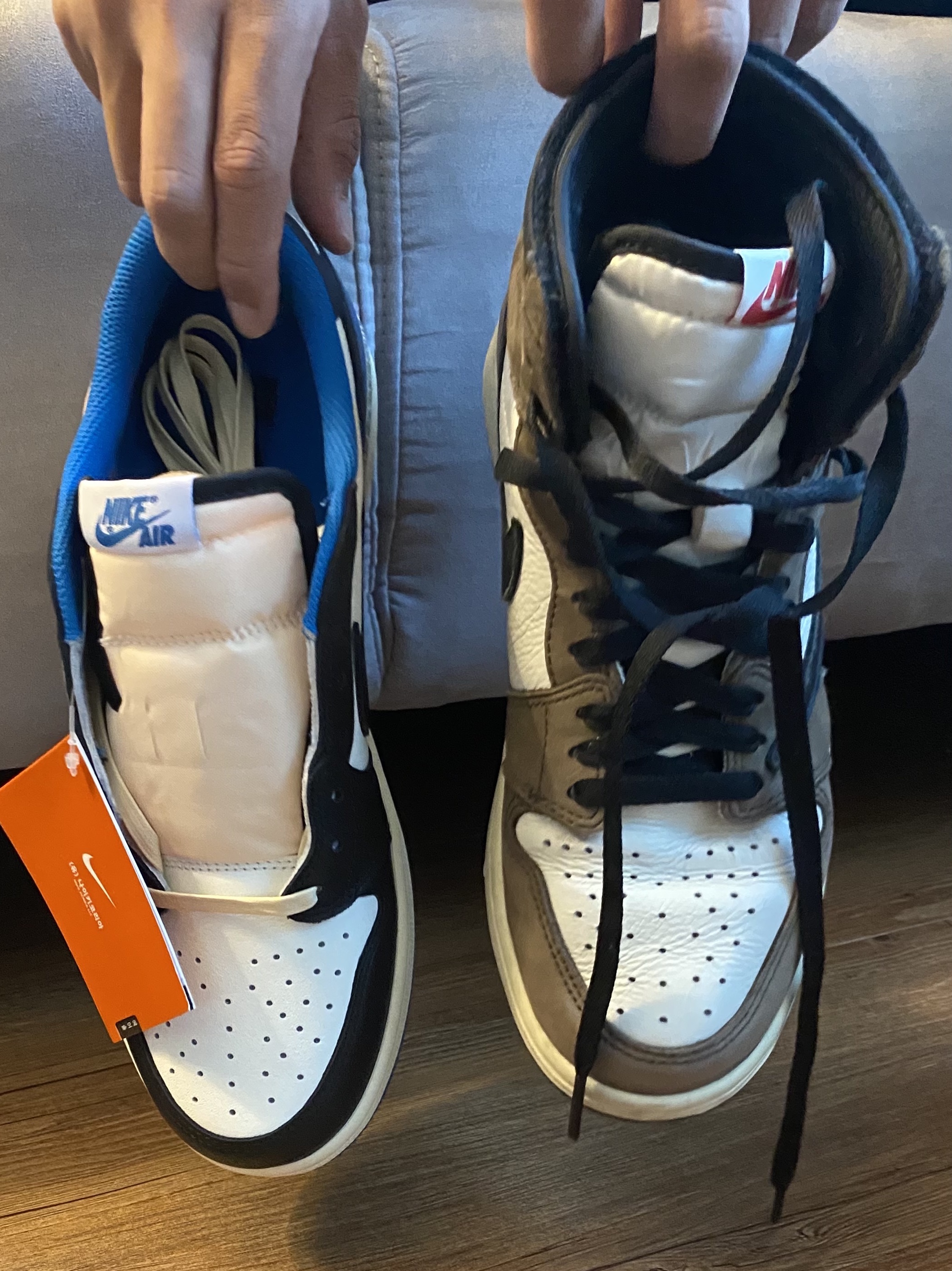 Jordan 1 x Travis Scott x Fragment Retro Low OG SP Military Blue, Jordan 1 x Travis Scott Retro High OG SP Mocha 착용 스타일