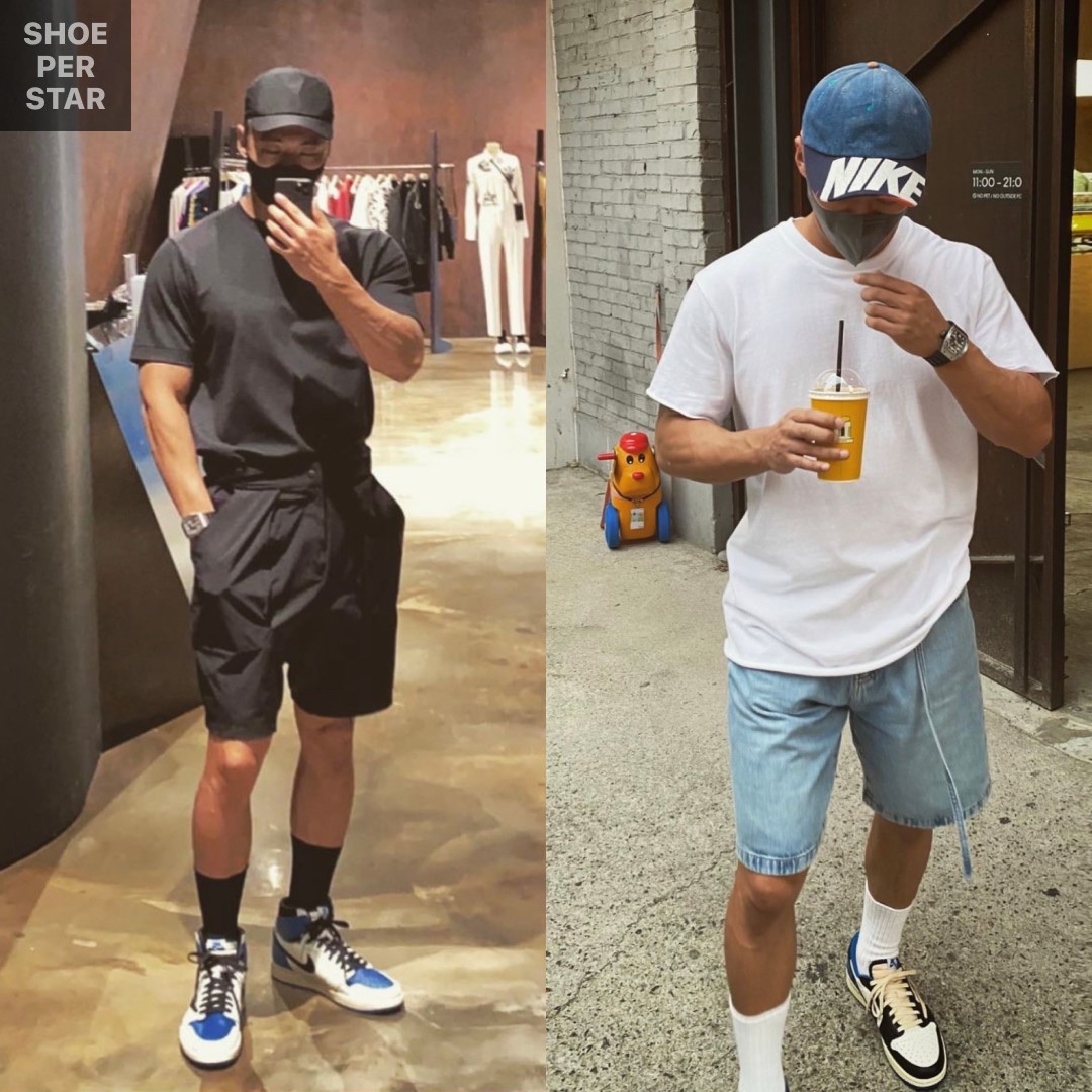 Jordan 1 x Travis Scott x Fragment Retro High OG SP Military Blue, Jordan 1 x Travis Scott x Fragment Retro Low OG SP Military Blue 착용 스타일 - 1