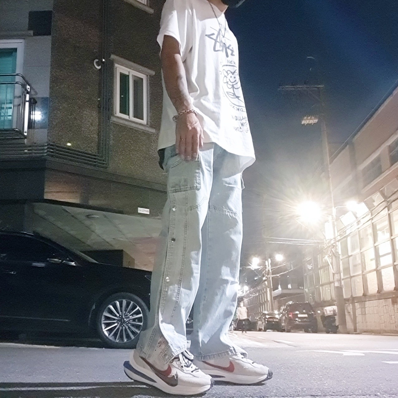 Nike x Sacai VaporWaffle Royal Fuchsia 착용 스타일 - 1