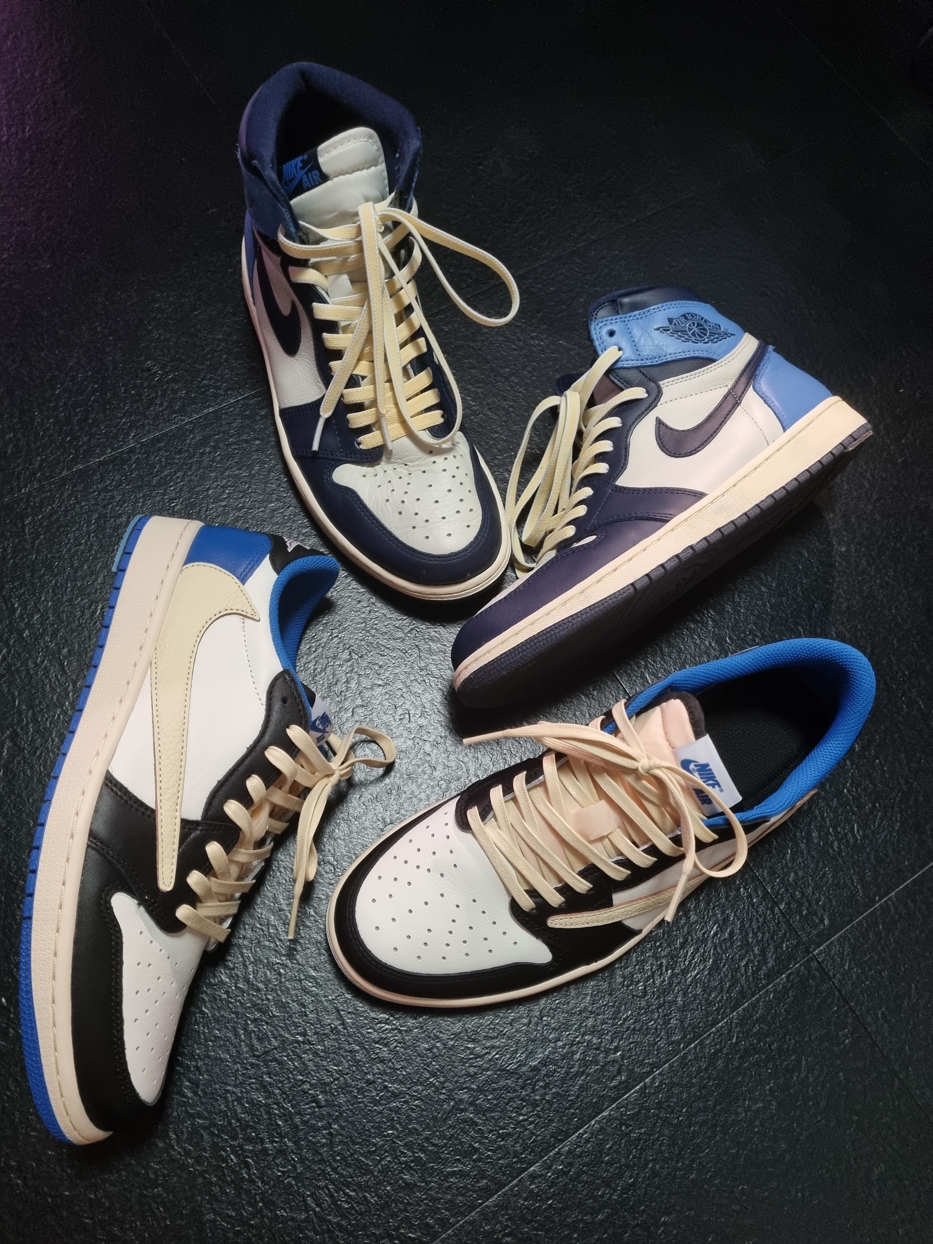 Jordan 1 x Travis Scott x Fragment Retro Low OG SP Military Blue, Jordan 1 Retro High Obsidian UNC 착용 스타일 - 1
