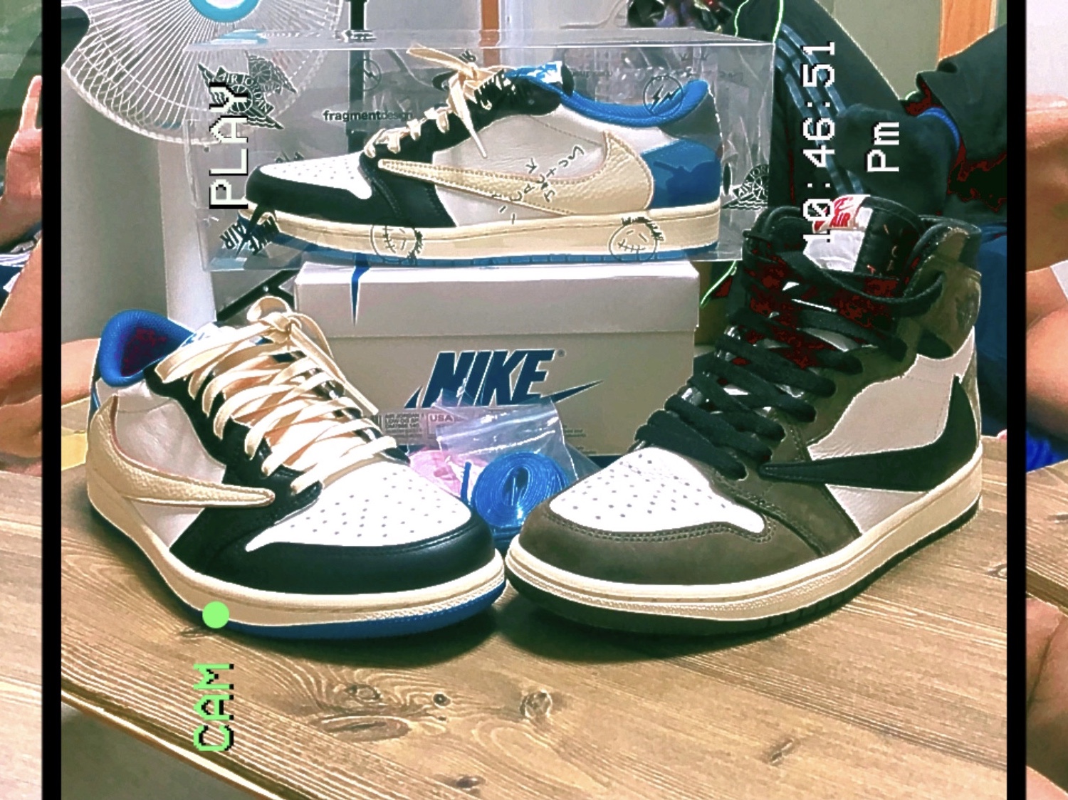 Jordan 1 x Travis Scott x Fragment Retro Low OG SP Military Blue, Jordan 1 x Travis Scott Retro High OG SP Mocha 착용 스타일