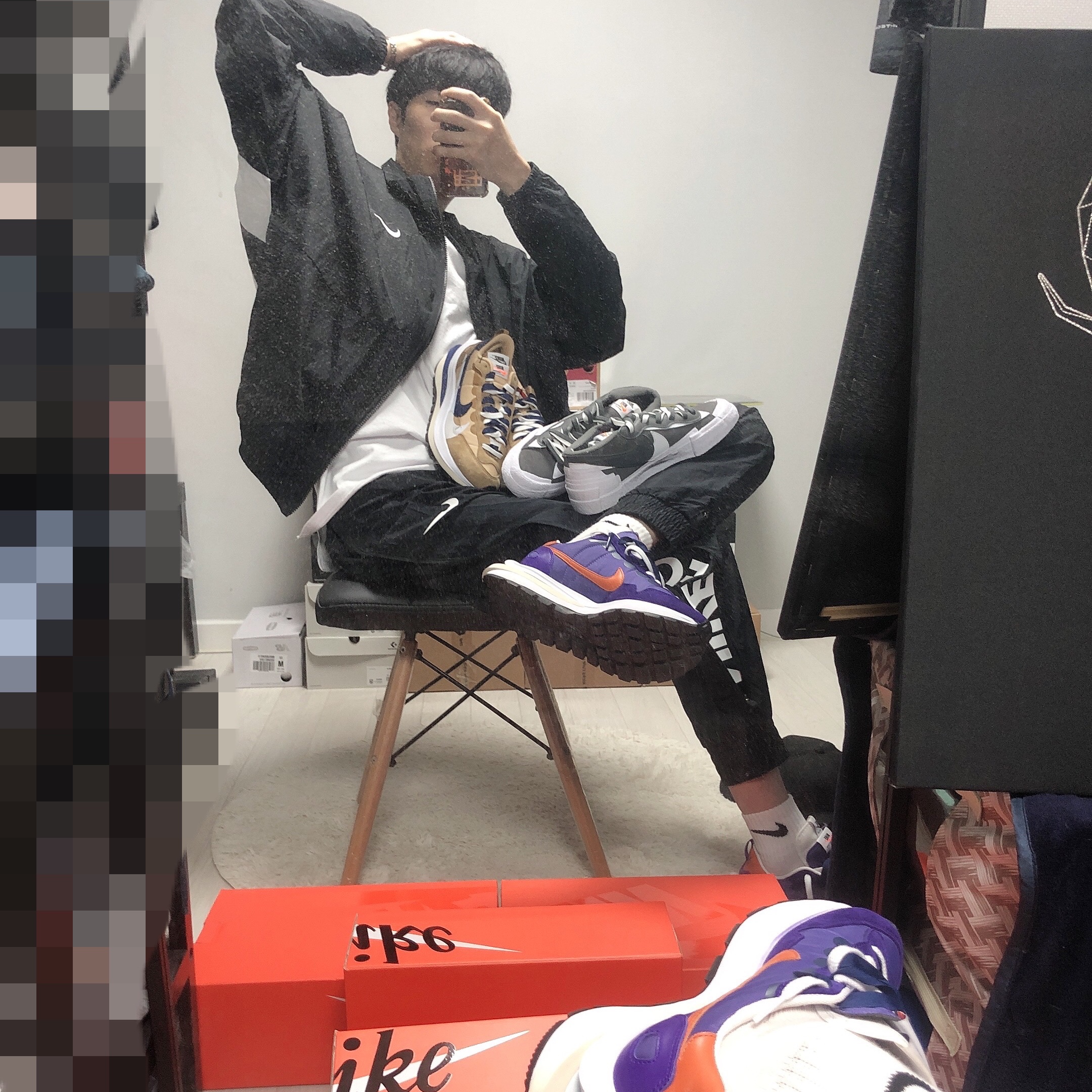 Nike x Sacai Blazer Low Iron Grey, Nike x Sacai VaporWaffle Sesame and Blue Void 착용 스타일