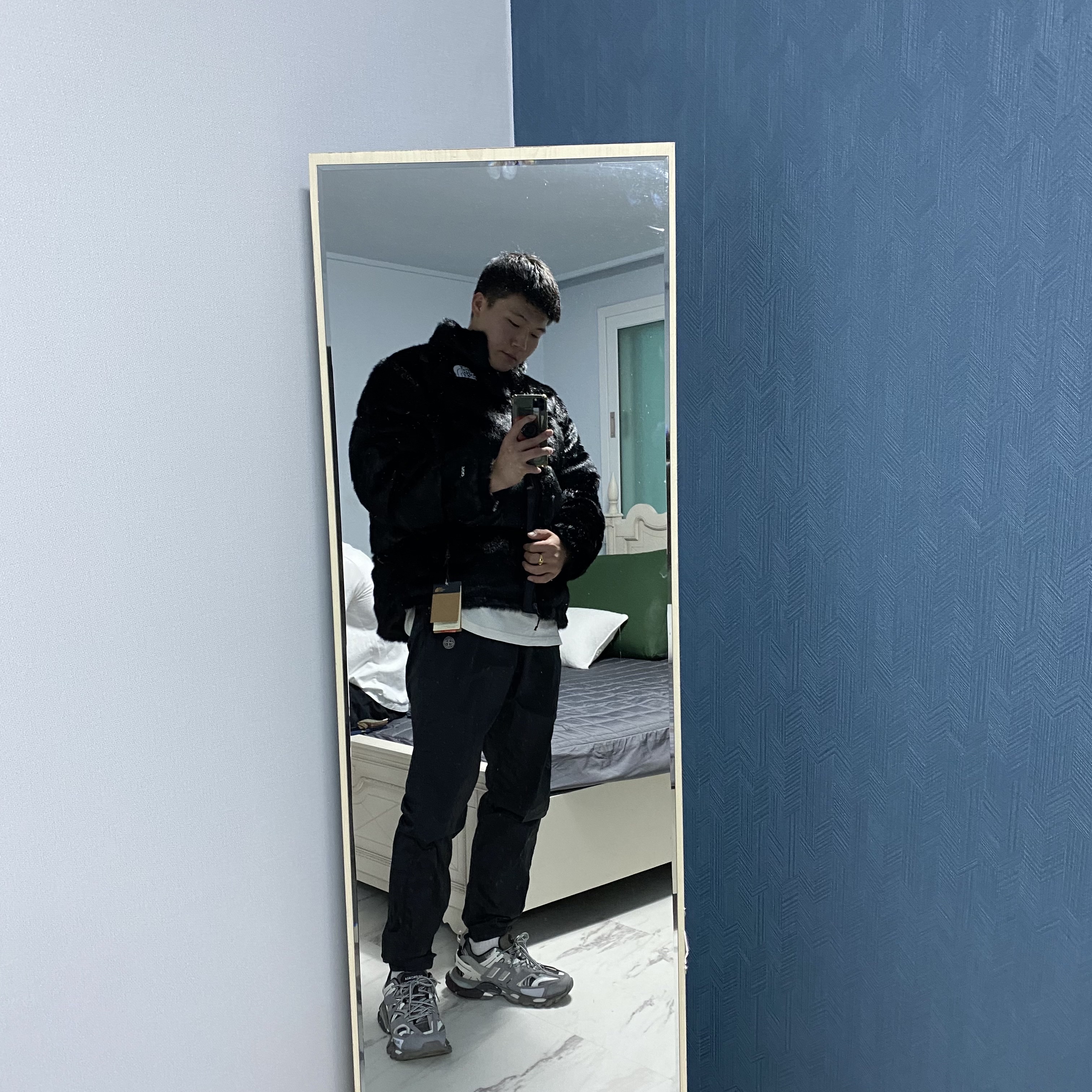 Supreme x The North Face Faux Fur Nuptse Jacket Black - 20FW, Balenciaga Track Sneakers Grey White 2019 착용 스타일