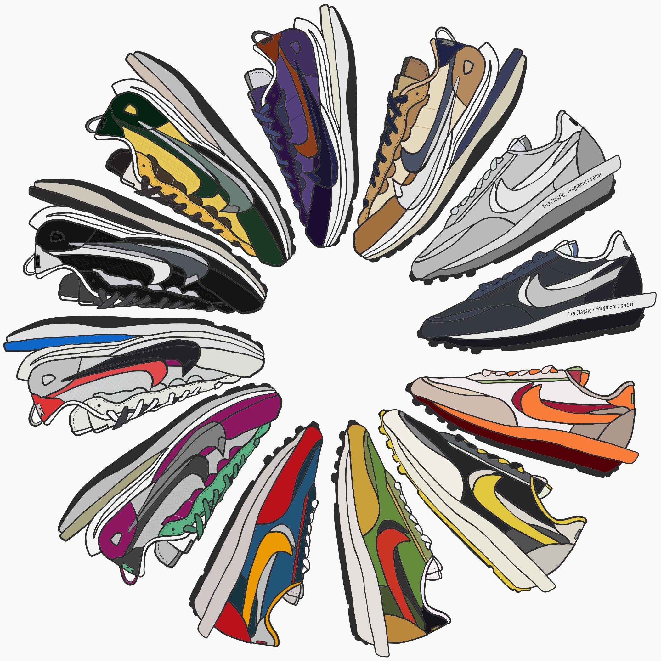 Nike x Sacai VaporWaffle Dark Iris, Nike x Sacai VaporWaffle Sesame and Blue Void 착용 스타일