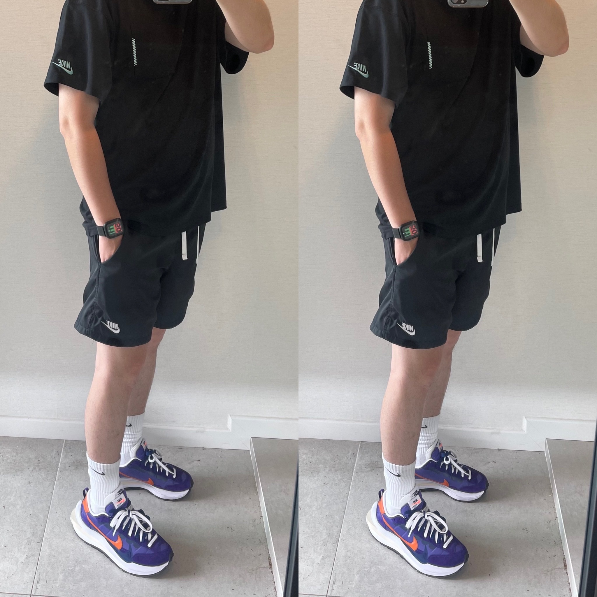 Nike x Sacai VaporWaffle Dark Iris 착용 스타일