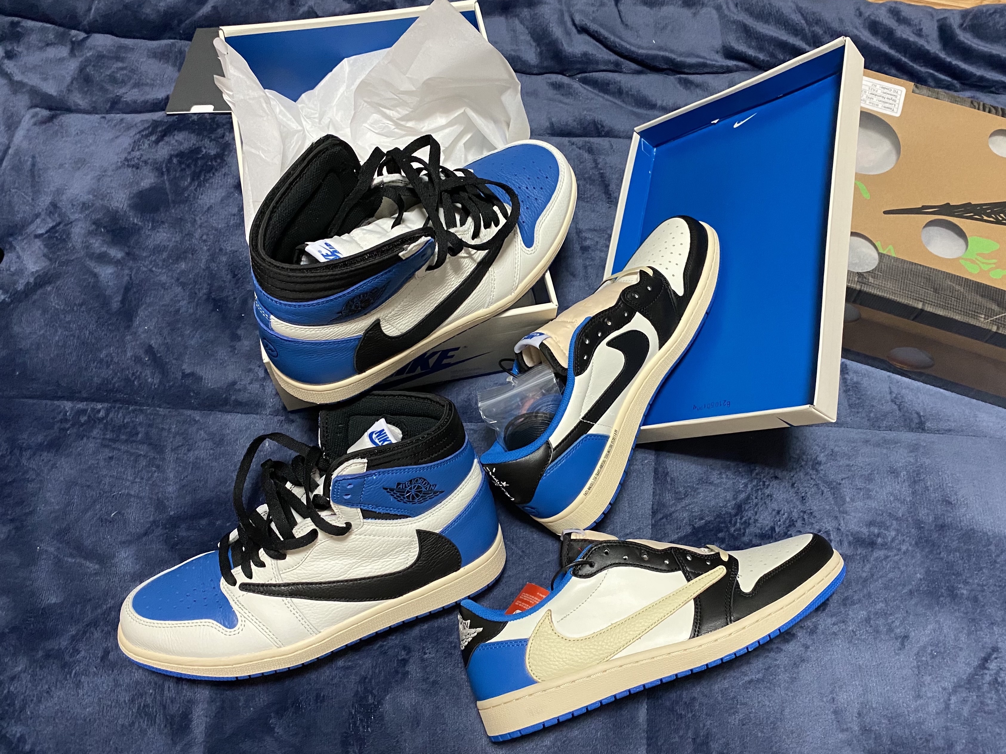 Jordan 1 x Travis Scott x Fragment Retro Low OG SP Military Blue, Jordan 1 x Travis Scott x Fragment Retro High OG SP Military Blue 착용 스타일
