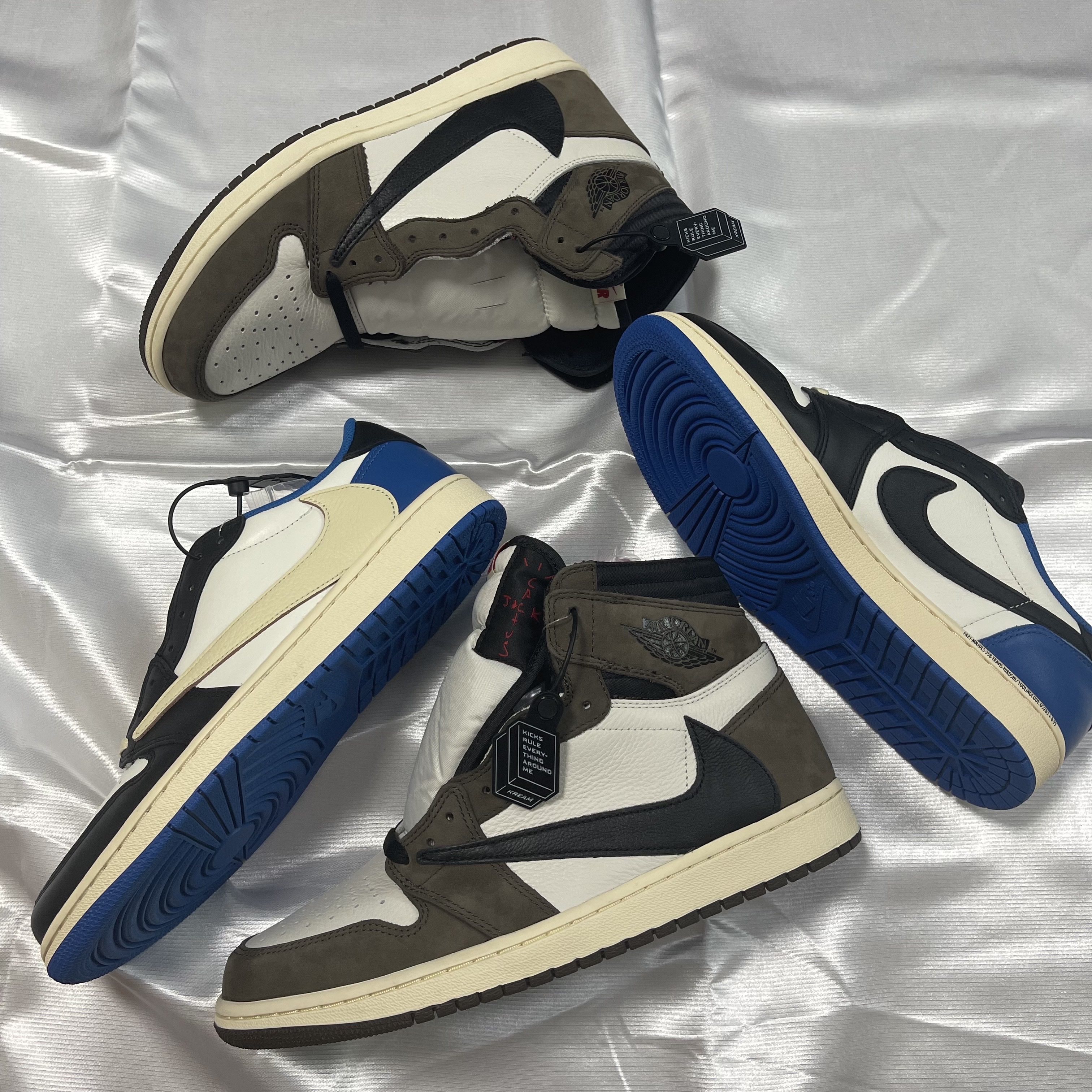 Jordan 1 x Travis Scott x Fragment Retro Low OG SP Military Blue, Jordan 1 x Travis Scott Retro High OG SP Mocha 착용 스타일 - 2
