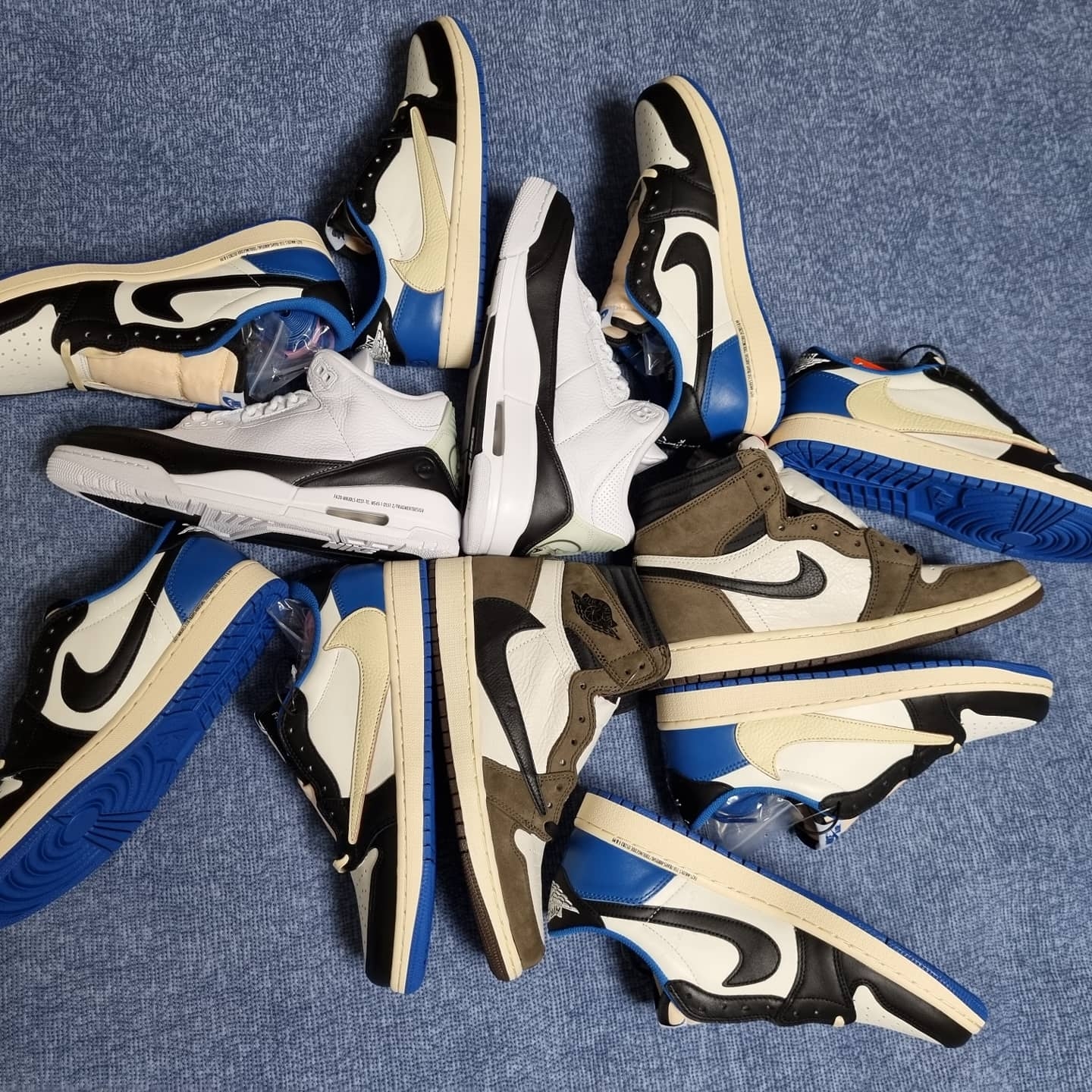 Jordan 1 x Travis Scott x Fragment Retro Low OG SP Military Blue, Jordan 3 x Fragment Retro SP White Black 착용 스타일 - 3