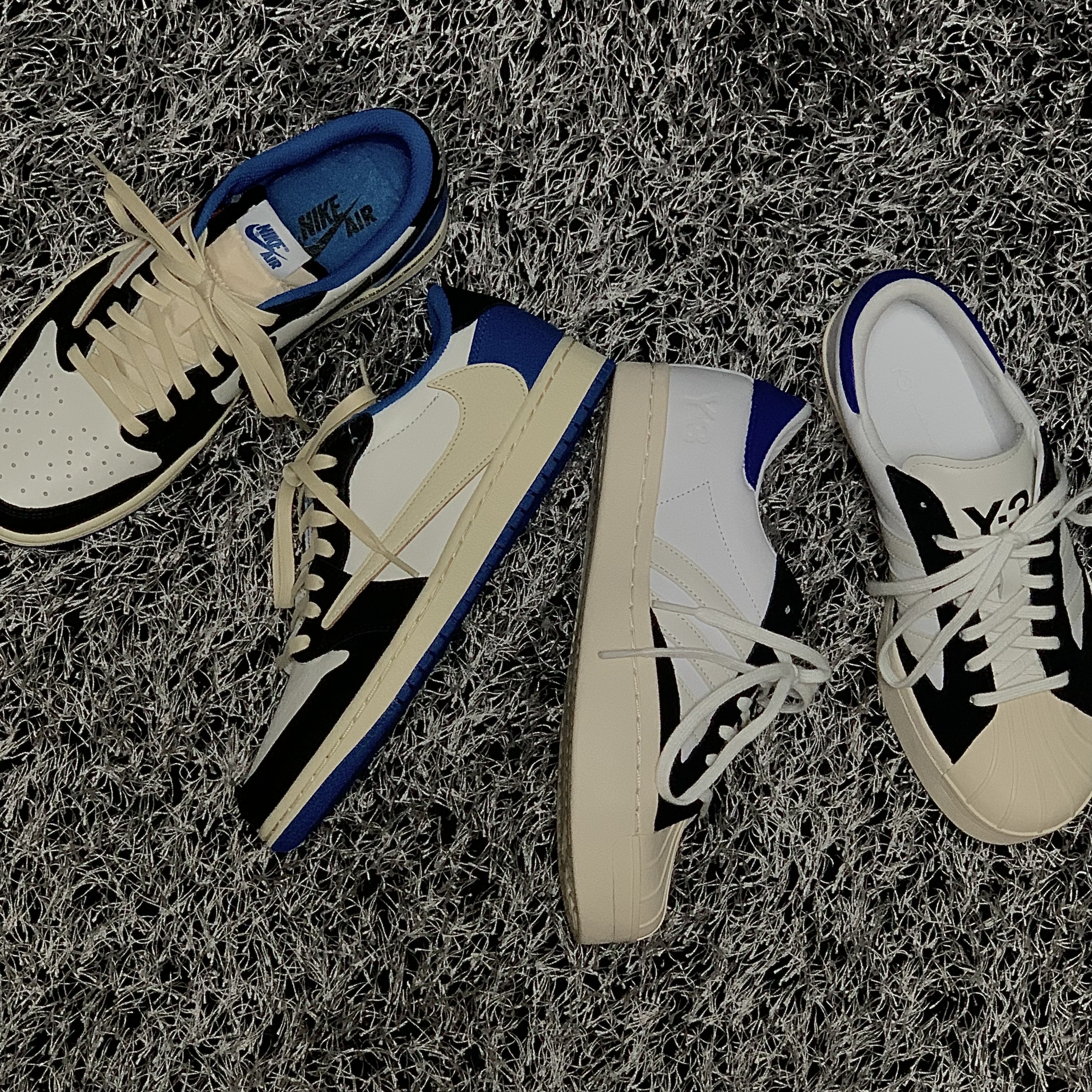 Jordan 1 x Travis Scott x Fragment Retro Low OG SP Military Blue, Y-3 Yohji Star Cloud White Bold Blue 착용 스타일