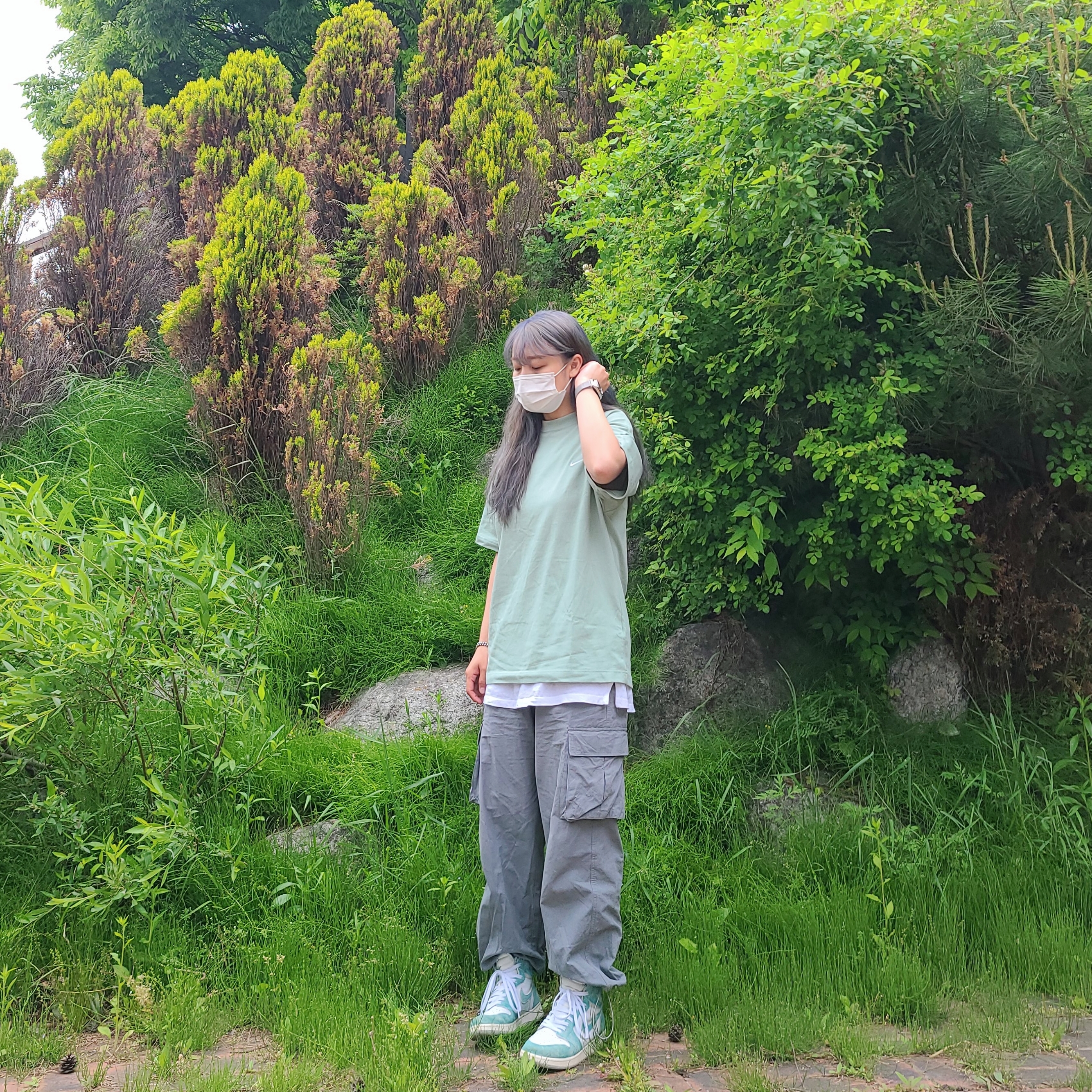 (GS) Jordan 1 Retro High OG Turbo Green, Nike NRG Solo Swoosh T-Shirt Steam - US/EU 착용 스타일