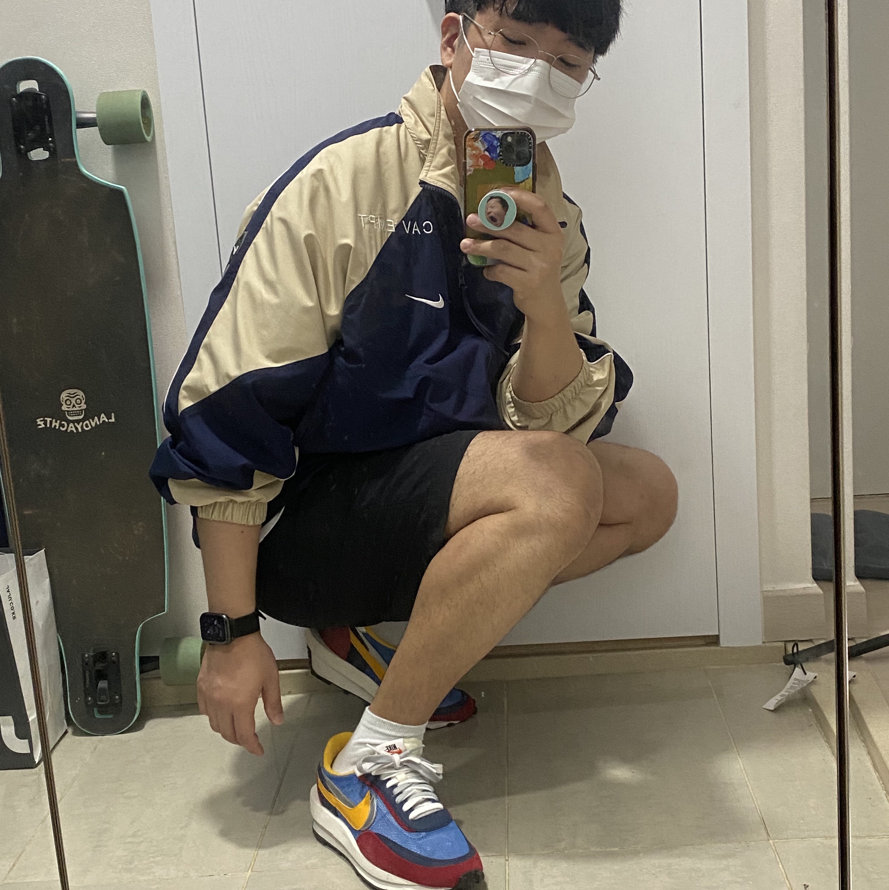 Nike x Cav Empt Track Jacket Navy, Nike x Sacai LDWaffle Blue Multi 착용 스타일