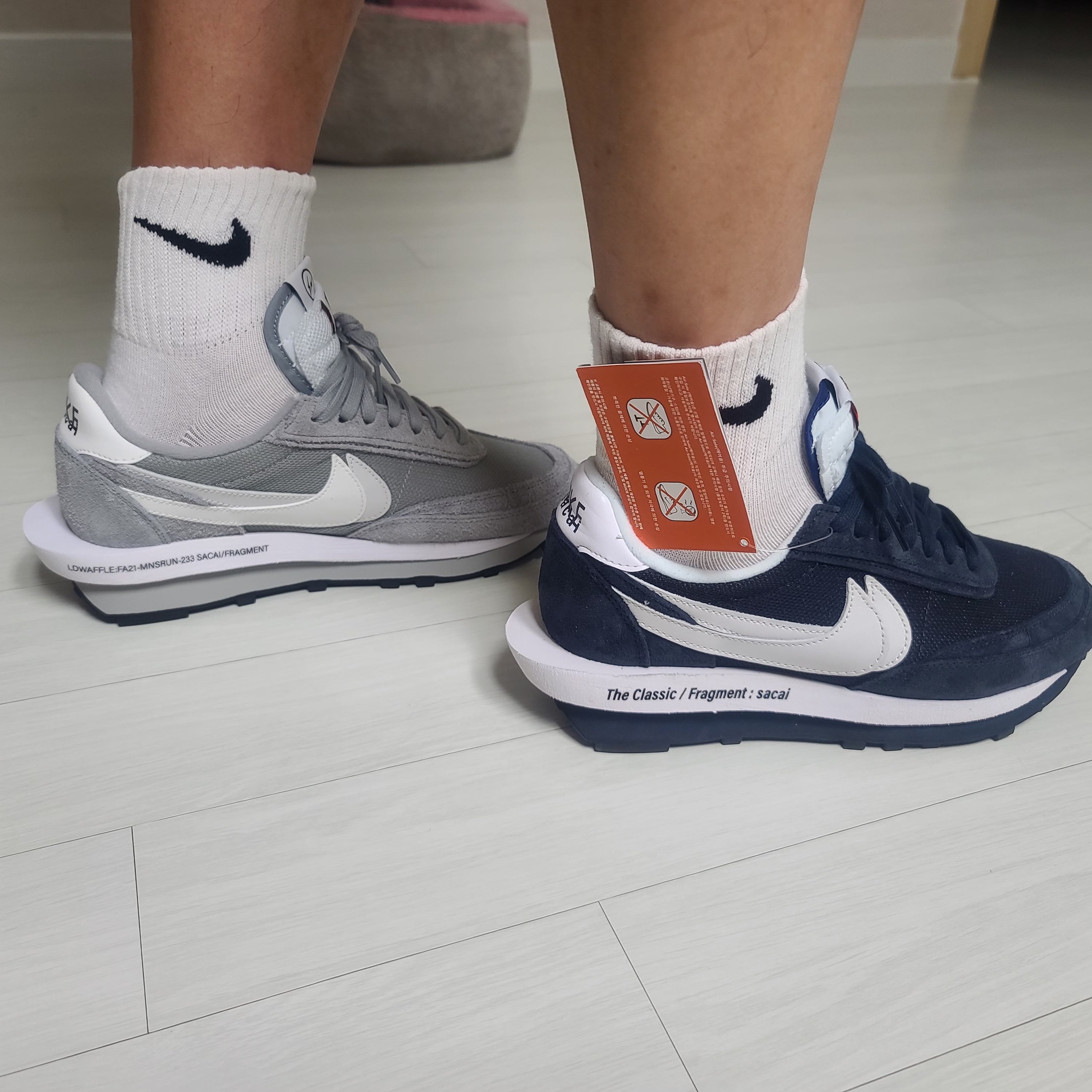 Nike x Sacai x Fragment LDWaffle Light Smoke Grey, Nike x Sacai x Fragment LDWaffle Blackened Blue 착용 스타일