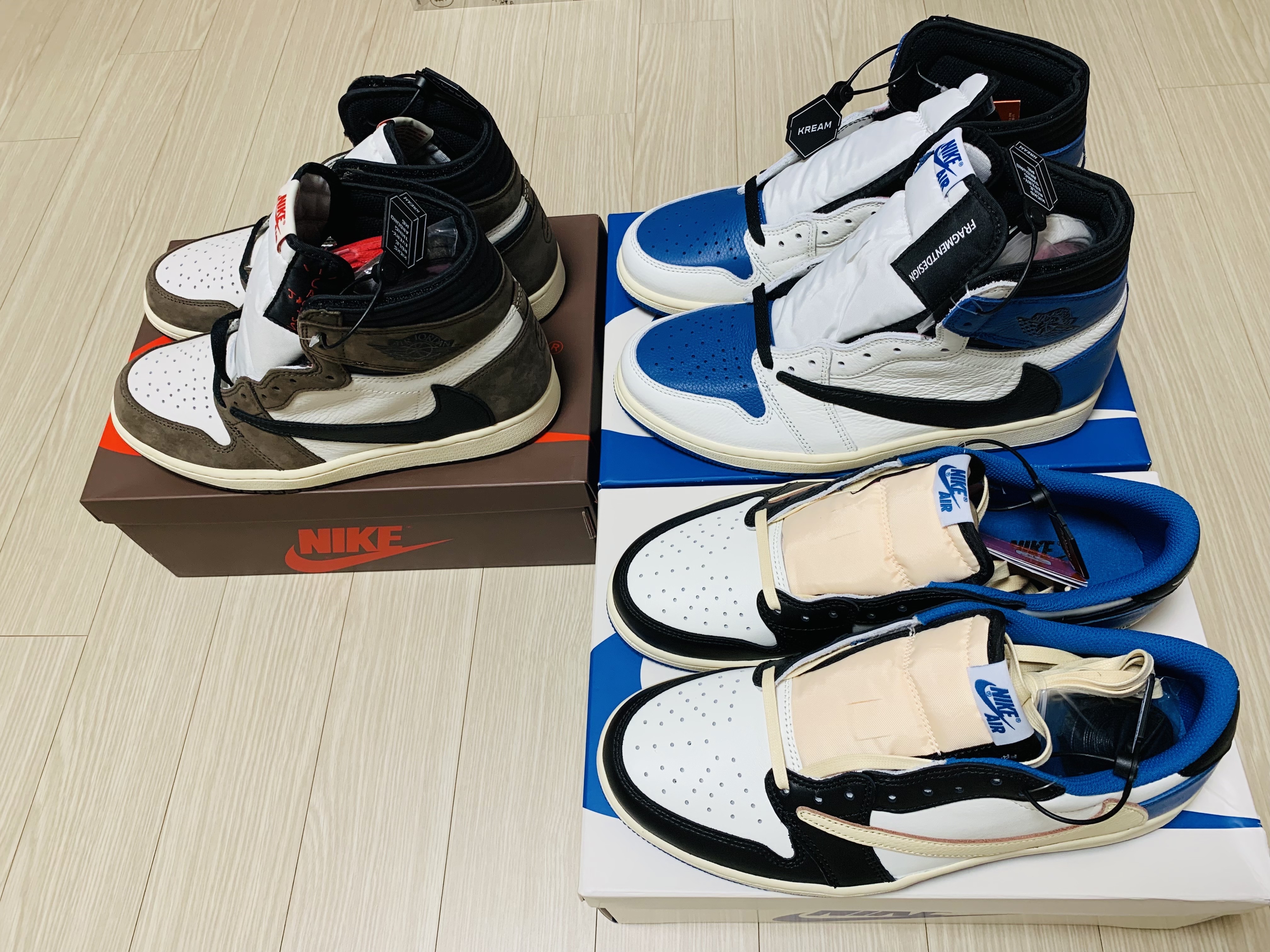 Jordan 1 x Travis Scott x Fragment Retro Low OG SP Military Blue, Jordan 1 x Travis Scott Retro High OG SP Mocha 착용 스타일