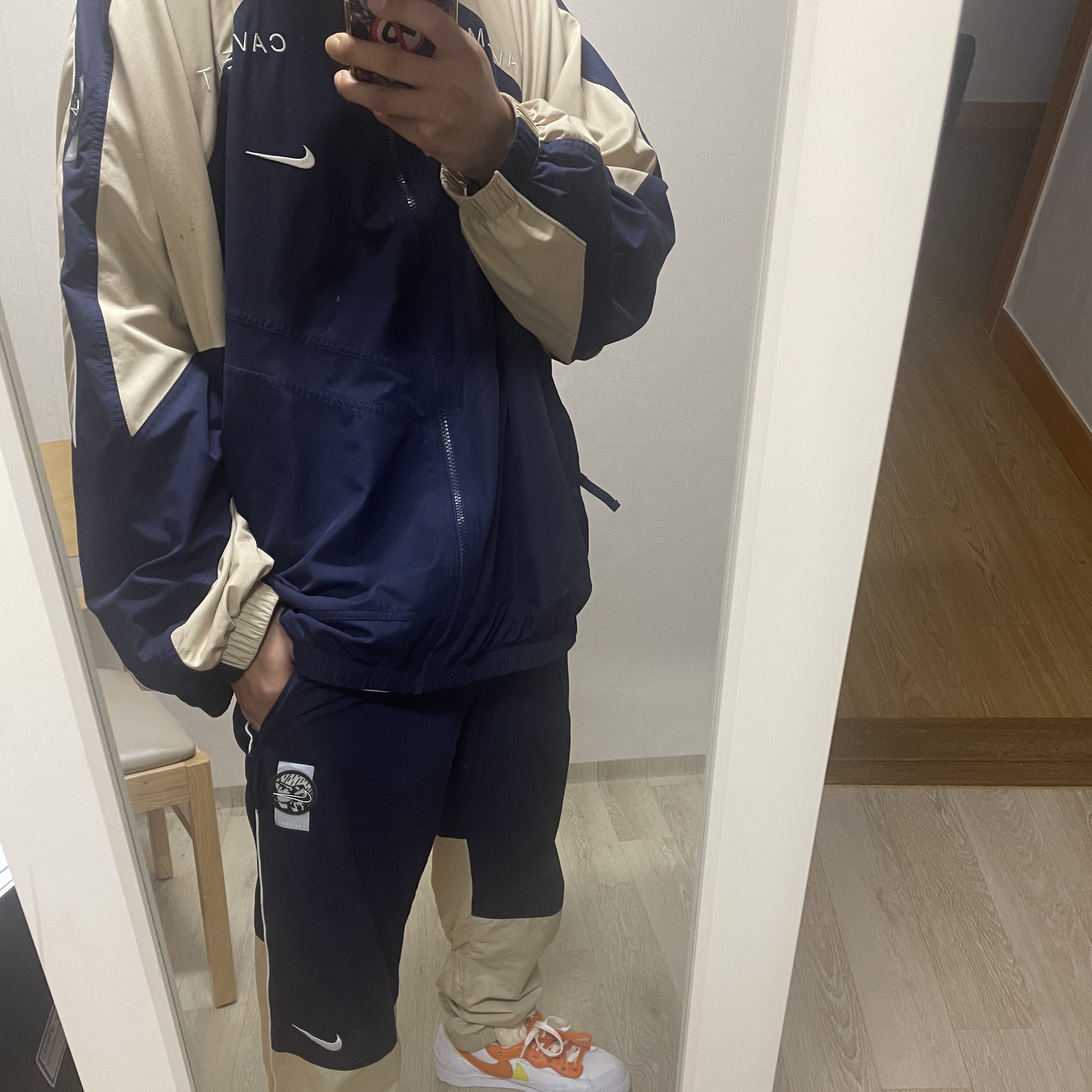 Nike x Cav Empt Track Jacket Navy, Nike x Cav Empt Track Pants Navy 착용 스타일