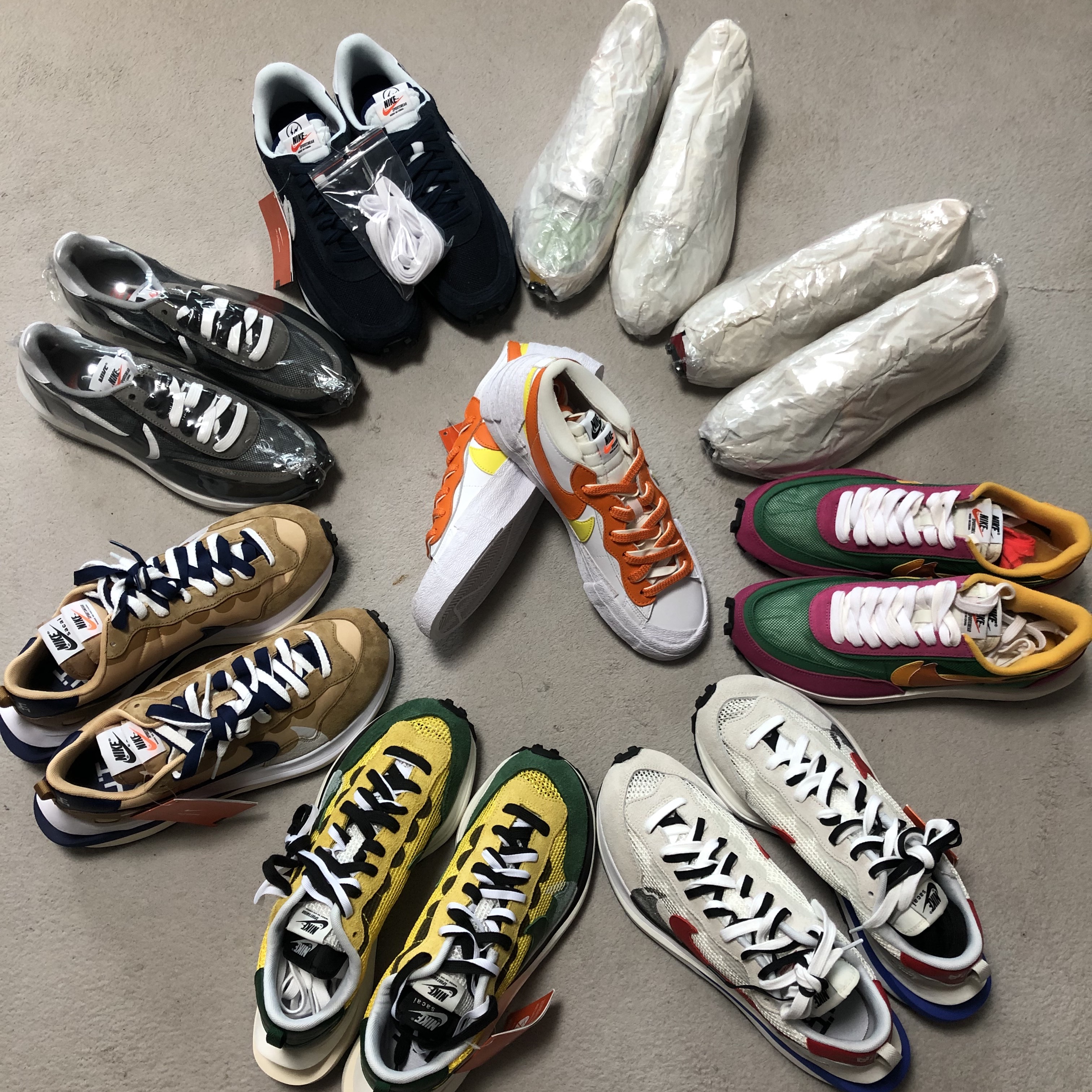 Nike x Sacai x Fragment LDWaffle Blackened Blue, Nike x Sacai VaporWaffle Sesame and Blue Void 착용 스타일