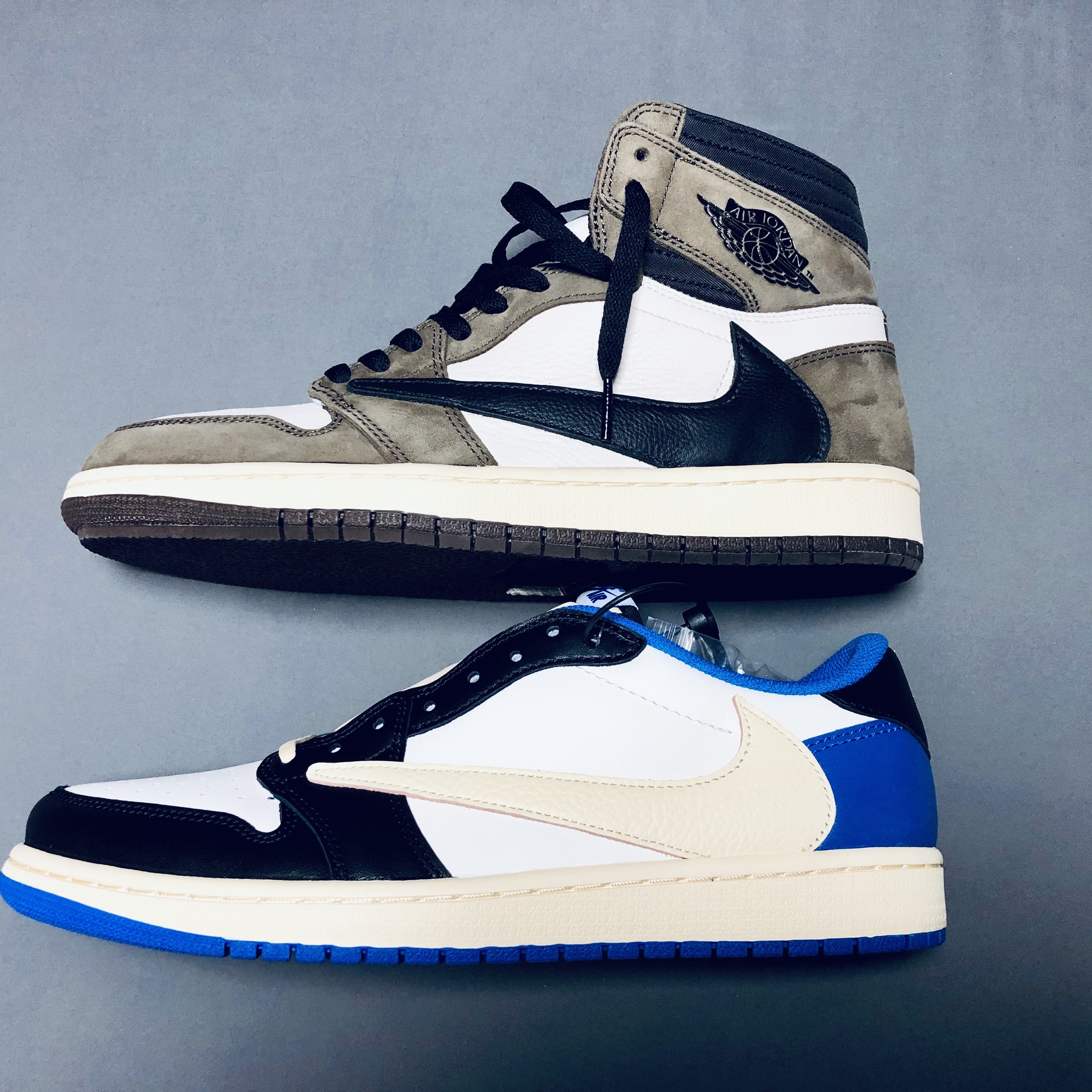 Jordan 1 x Travis Scott x Fragment Retro Low OG SP Military Blue, Jordan 1 x Travis Scott Retro High OG SP Mocha 착용 스타일 - 4
