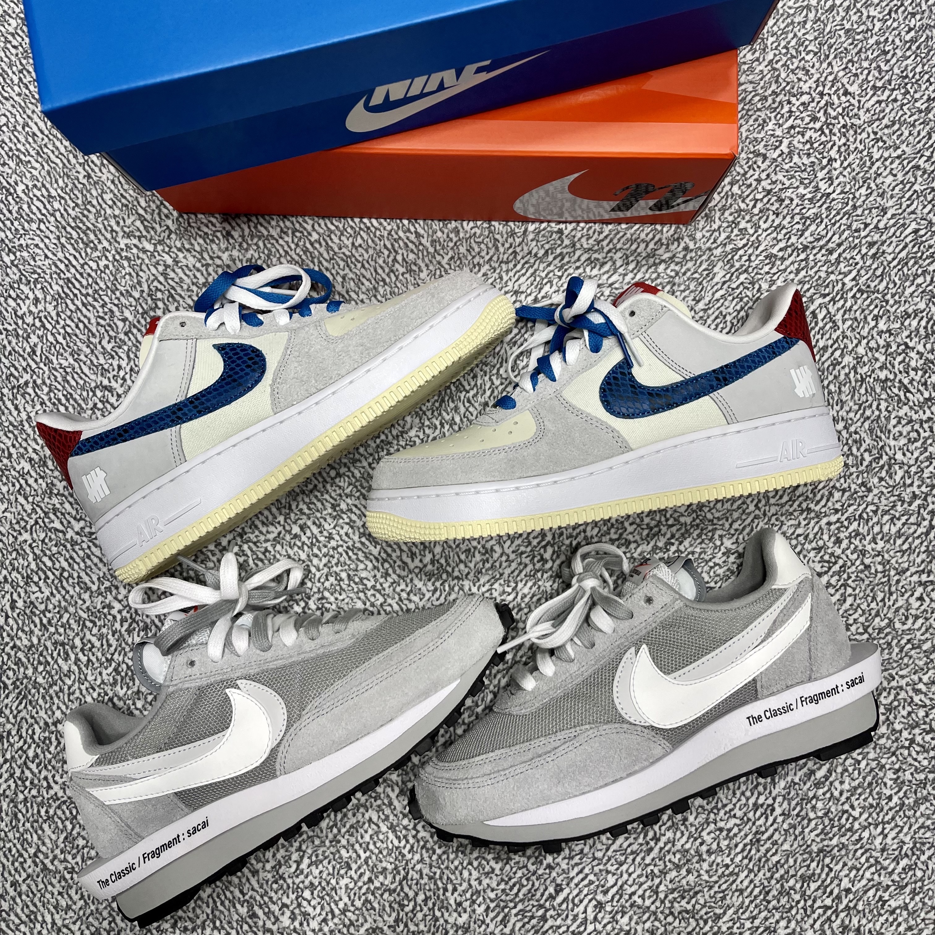 Nike x Sacai x Fragment LDWaffle Light Smoke Grey, Nike x Undefeated Air Force 1 Low SP 5 On It 착용 스타일 - 1