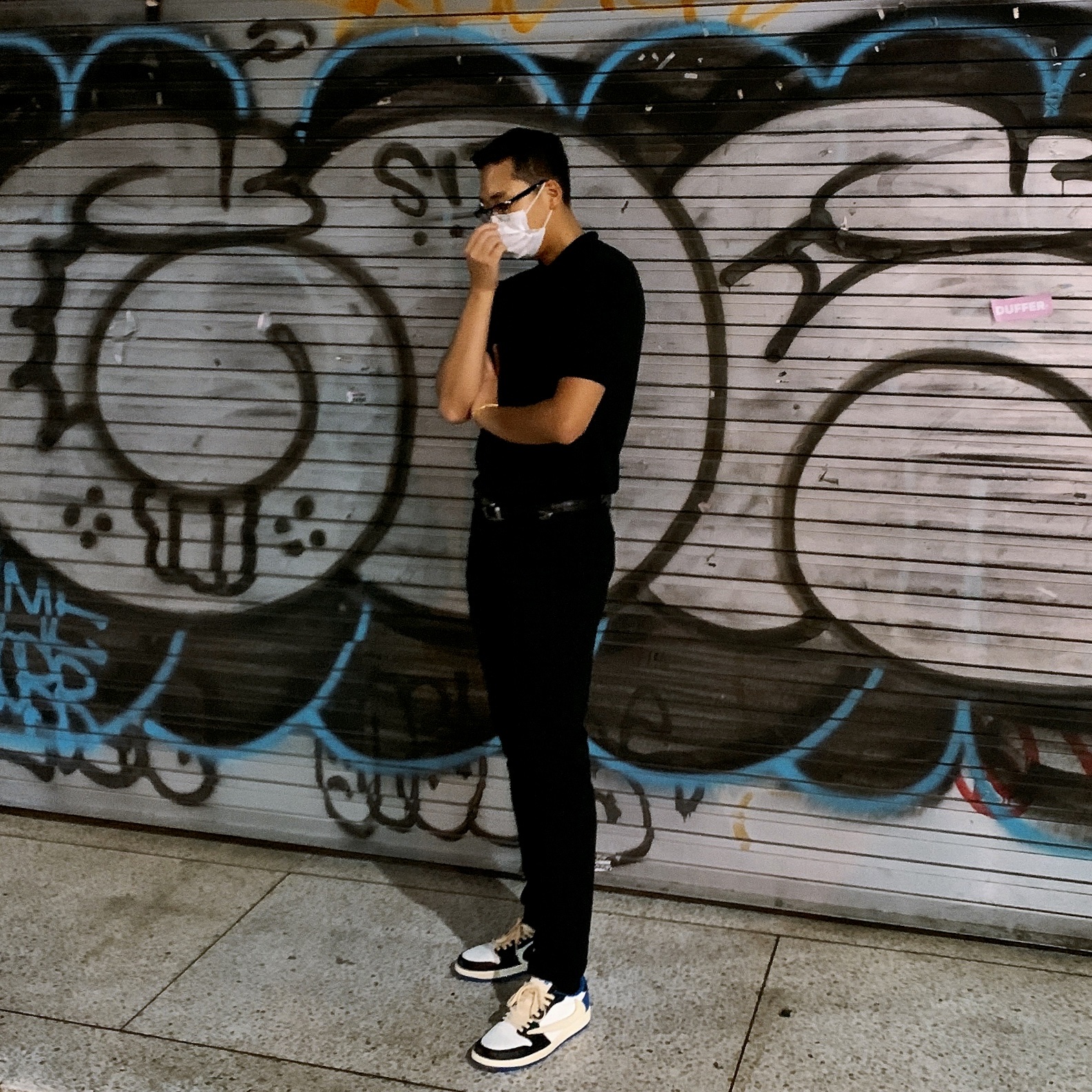 Jordan 1 x Travis Scott x Fragment Retro Low OG SP Military Blue, Supreme Patchwork Ranger Belt Black - 21SS 착용 스타일