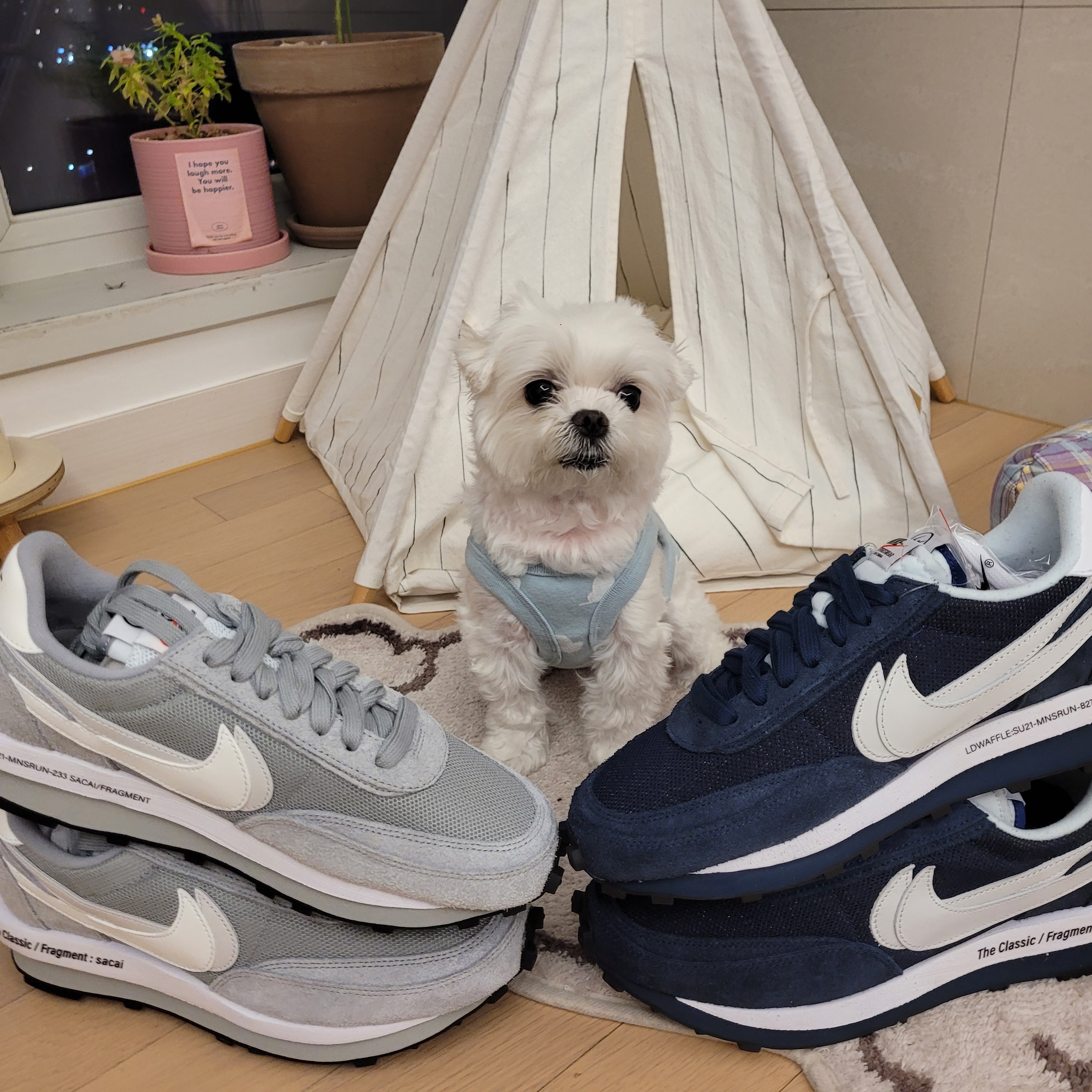 Nike x Sacai x Fragment LDWaffle Light Smoke Grey, Nike x Sacai x Fragment LDWaffle Blackened Blue 착용 스타일 - 1