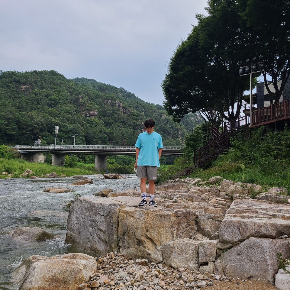 IAB Studio Pigment T-Shirt Cyan, IAB Studio Woven Shorts Gray 착용 스타일