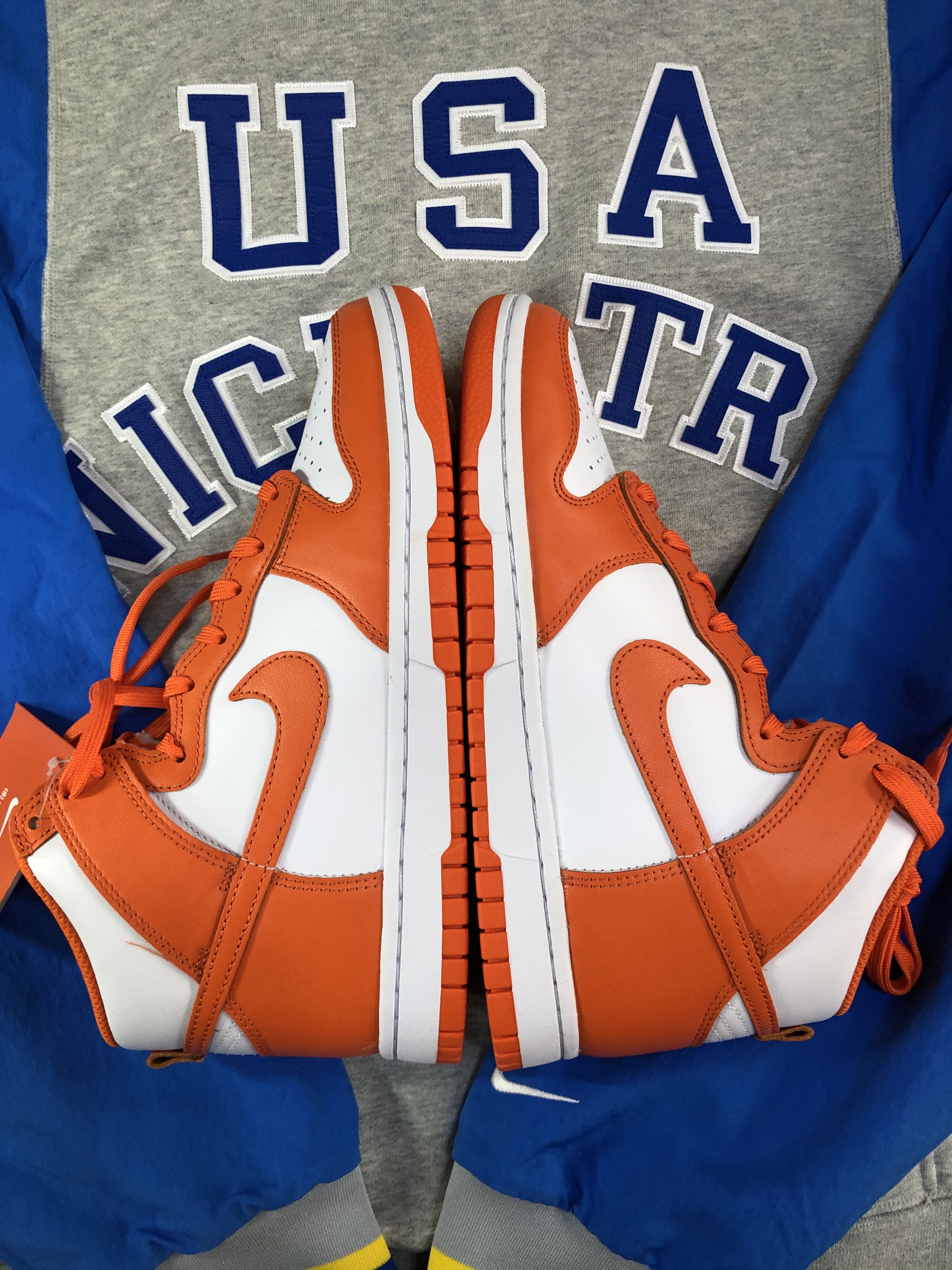 Nike Dunk High Retro Orange Blaze, Nike ISPA Hoodie Photo Blue 착용 스타일