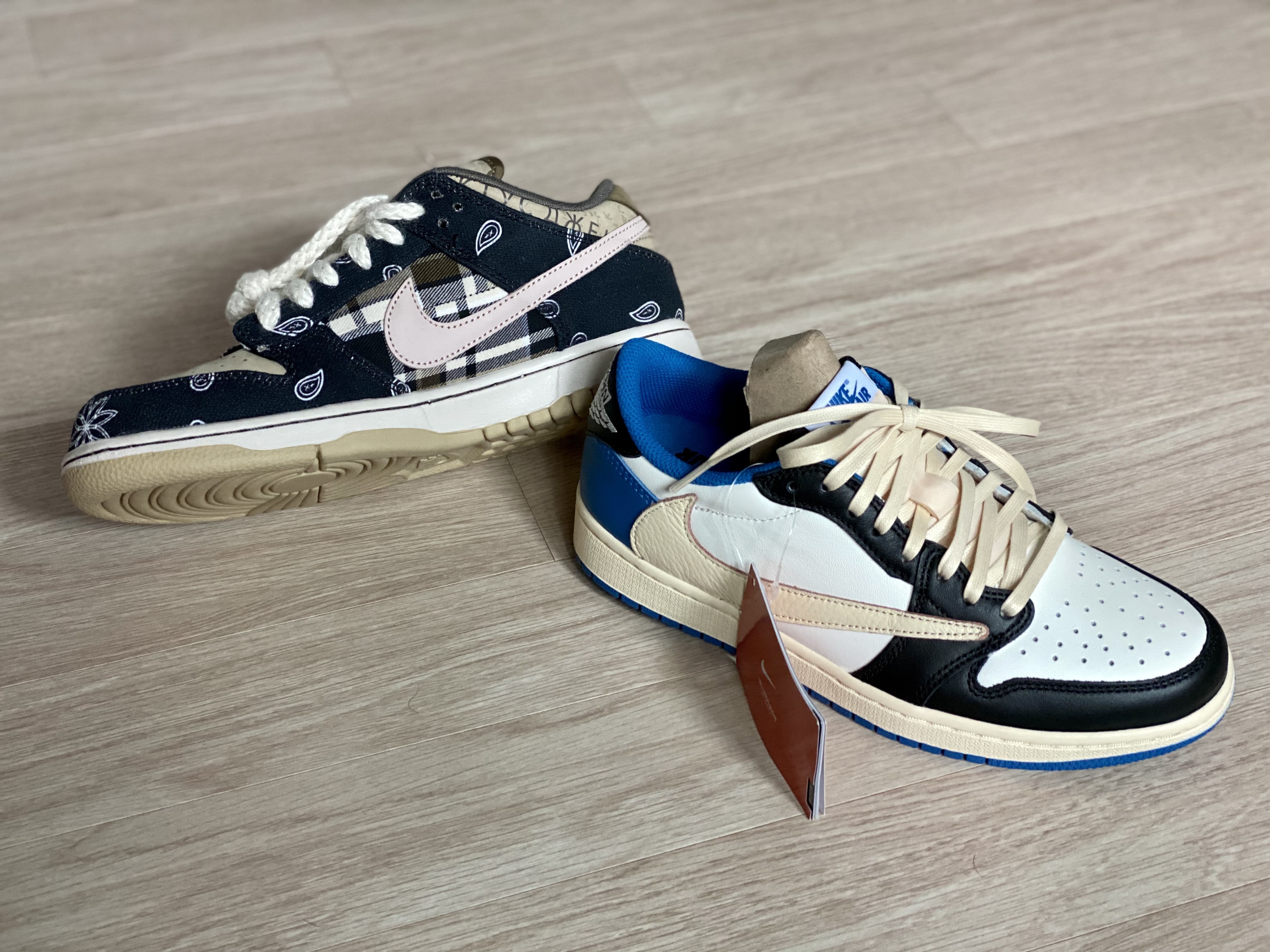 Jordan 1 x Travis Scott x Fragment Retro Low OG SP Military Blue, Nike x Travis Scott SB Dunk Low 착용 스타일