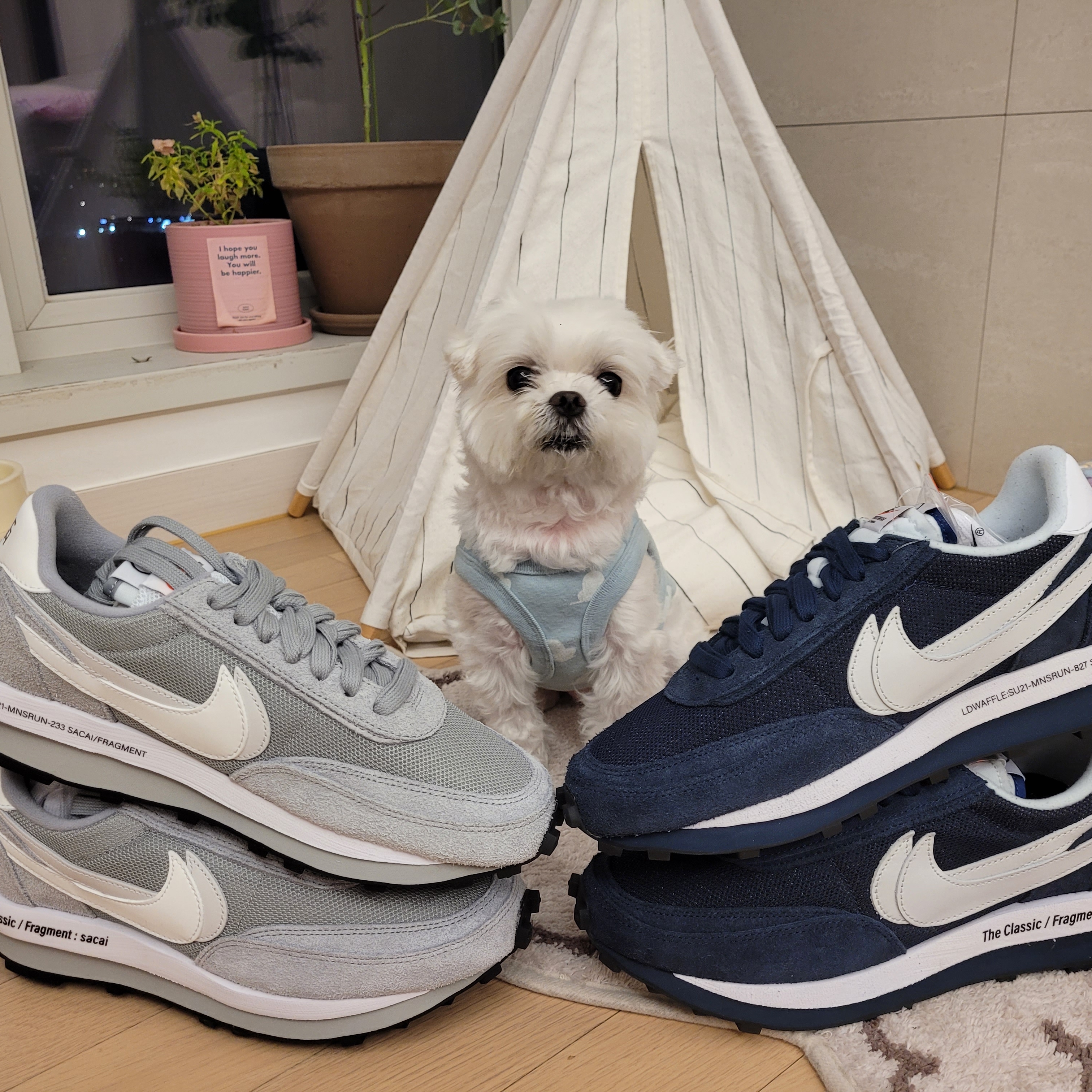 Nike x Sacai x Fragment LDWaffle Light Smoke Grey, Nike x Sacai x Fragment LDWaffle Blackened Blue 착용 스타일 - 2