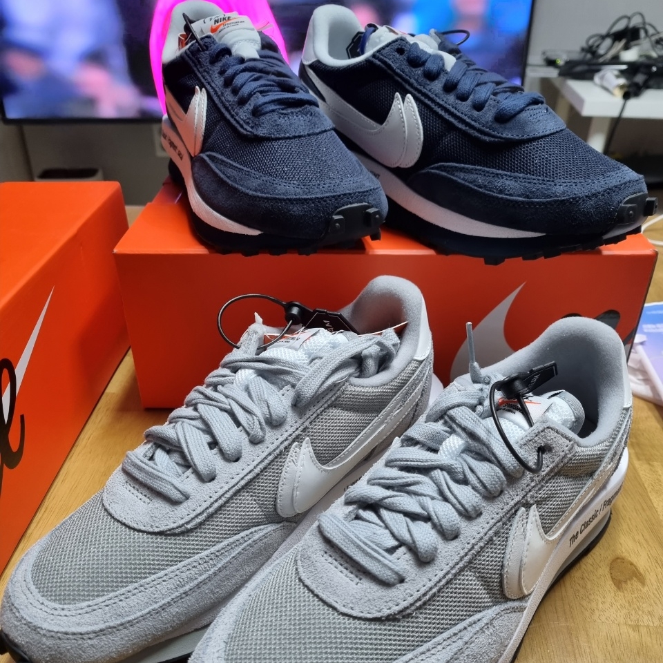 Nike x Sacai x Fragment LDWaffle Light Smoke Grey, Nike x Sacai x Fragment LDWaffle Blackened Blue 착용 스타일