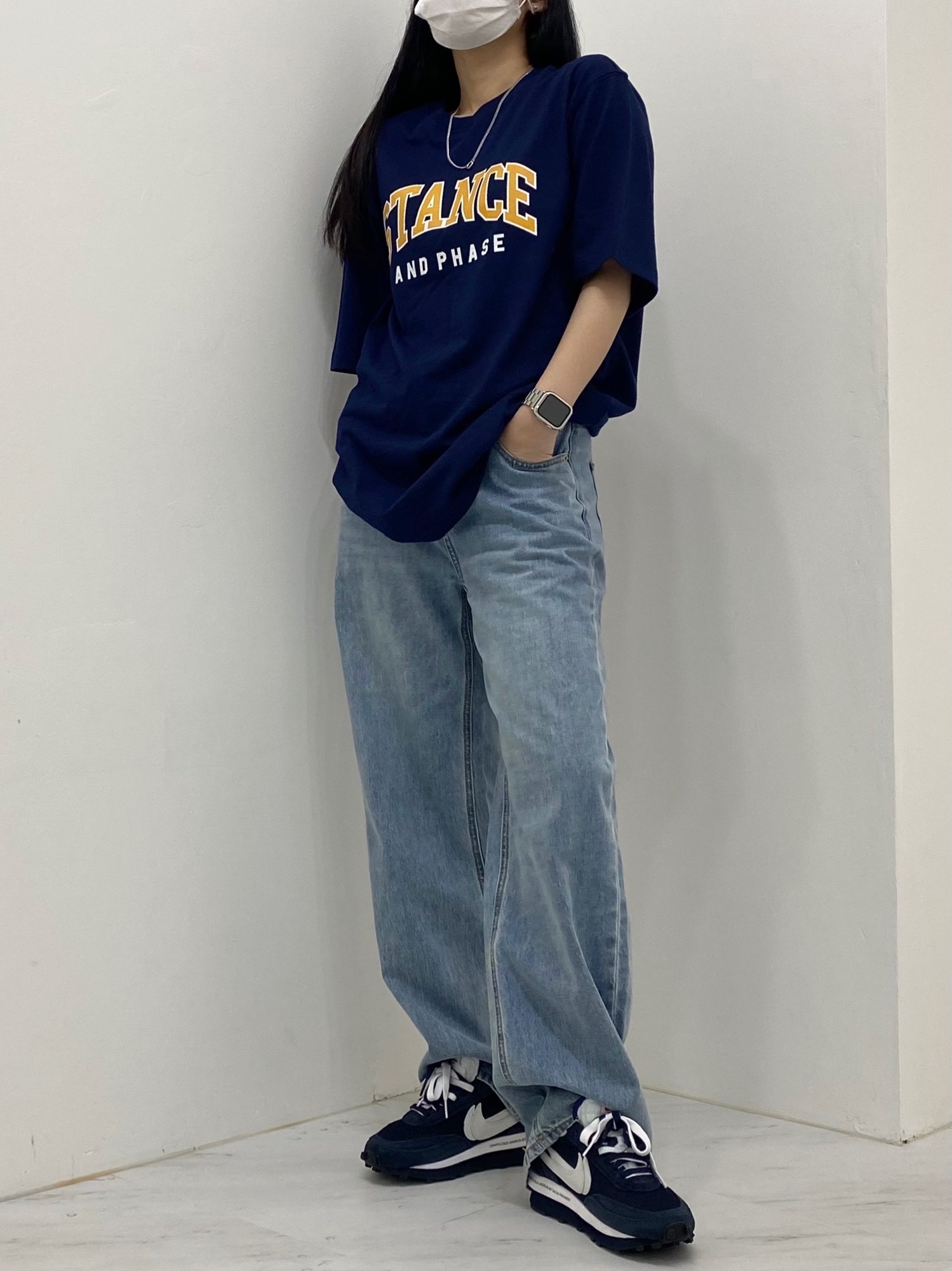 Nike x Sacai x Fragment LDWaffle Blackened Blue 착용 스타일 - 2