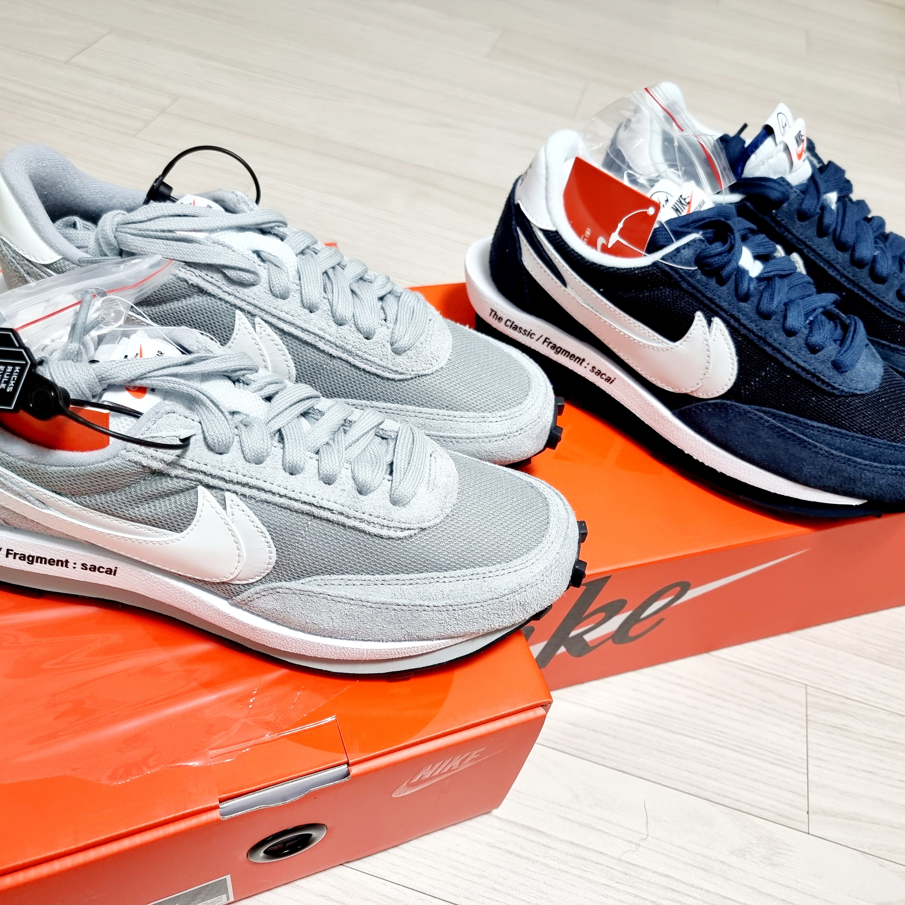 Nike x Sacai x Fragment LDWaffle Light Smoke Grey, Nike x Sacai x Fragment LDWaffle Blackened Blue 착용 스타일