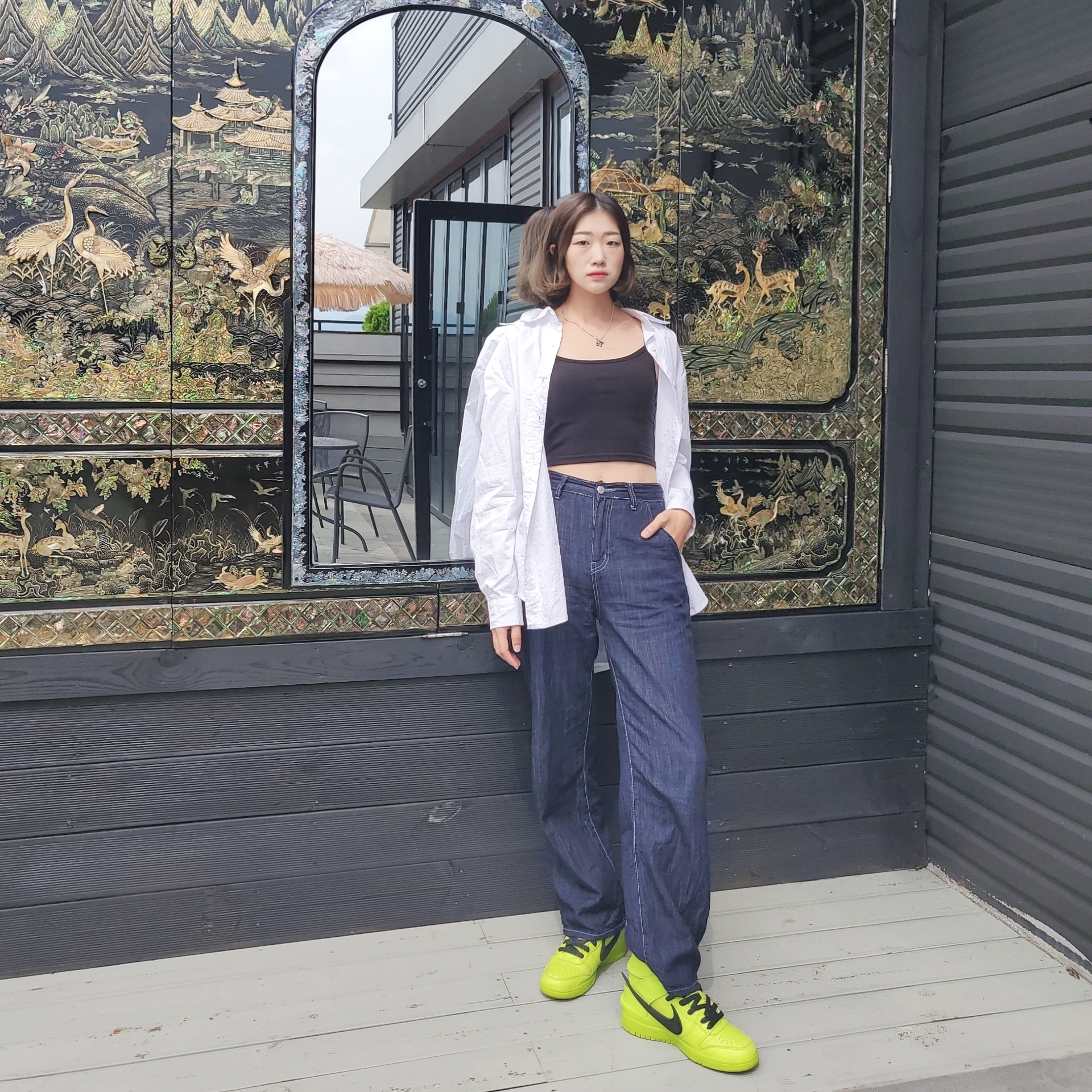 Nike x Ambush Dunk High Flash Lime 착용 스타일