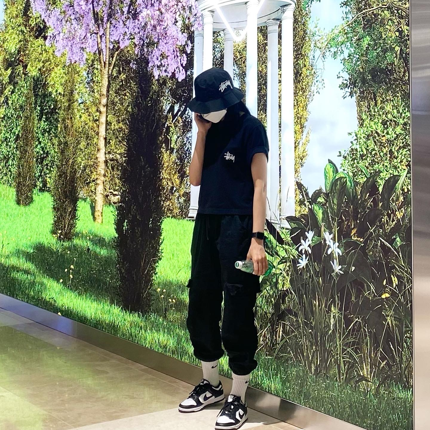 Nike x Stussy Bucket Hat Black, (W) Nike Dunk Low Black 착용 스타일 - 1