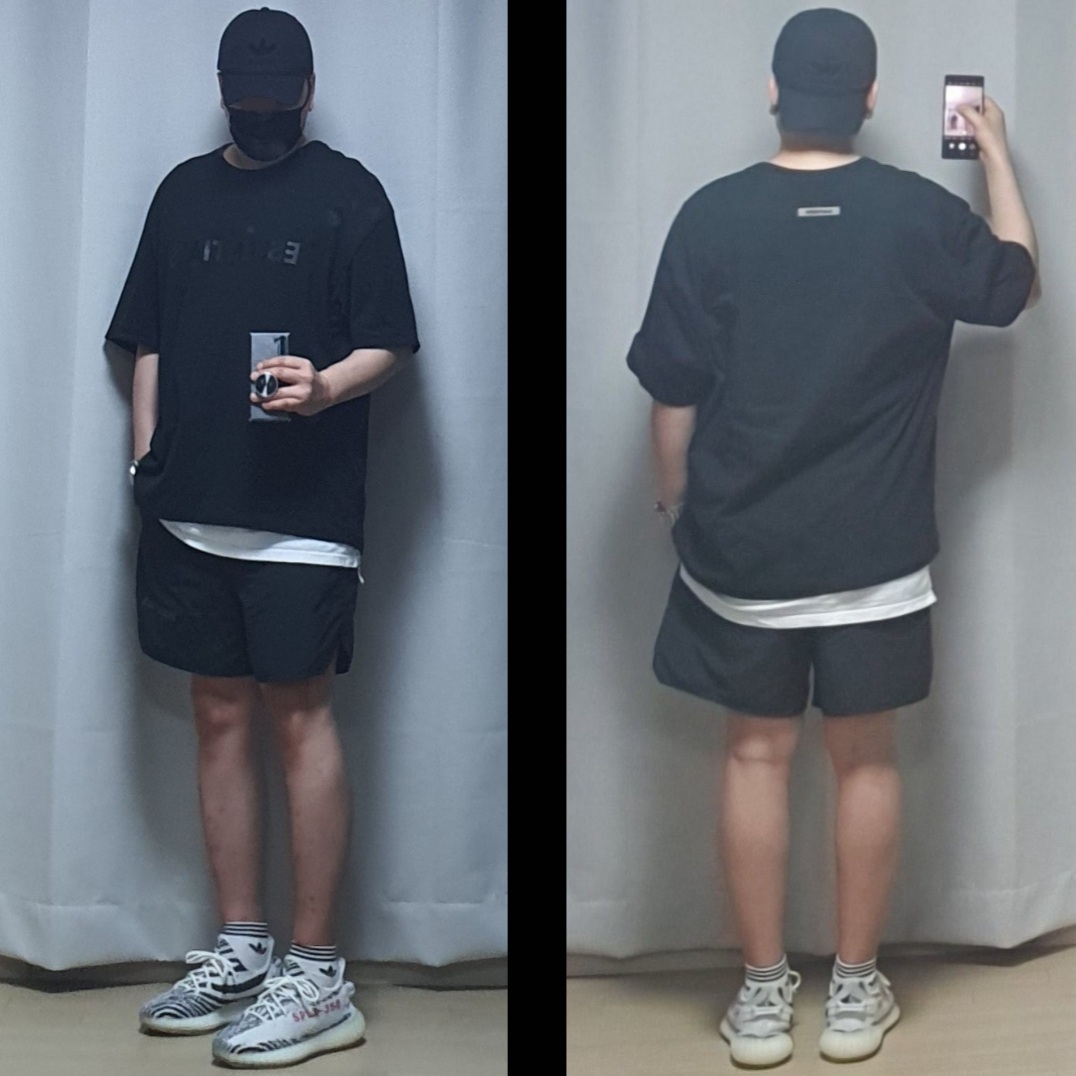 Essentials 3D Silicon Applique Boxy T-Shirt Dark Slate/Black 2020, Essentials Volley Shorts Black - 20FW 착용 스타일 - 1