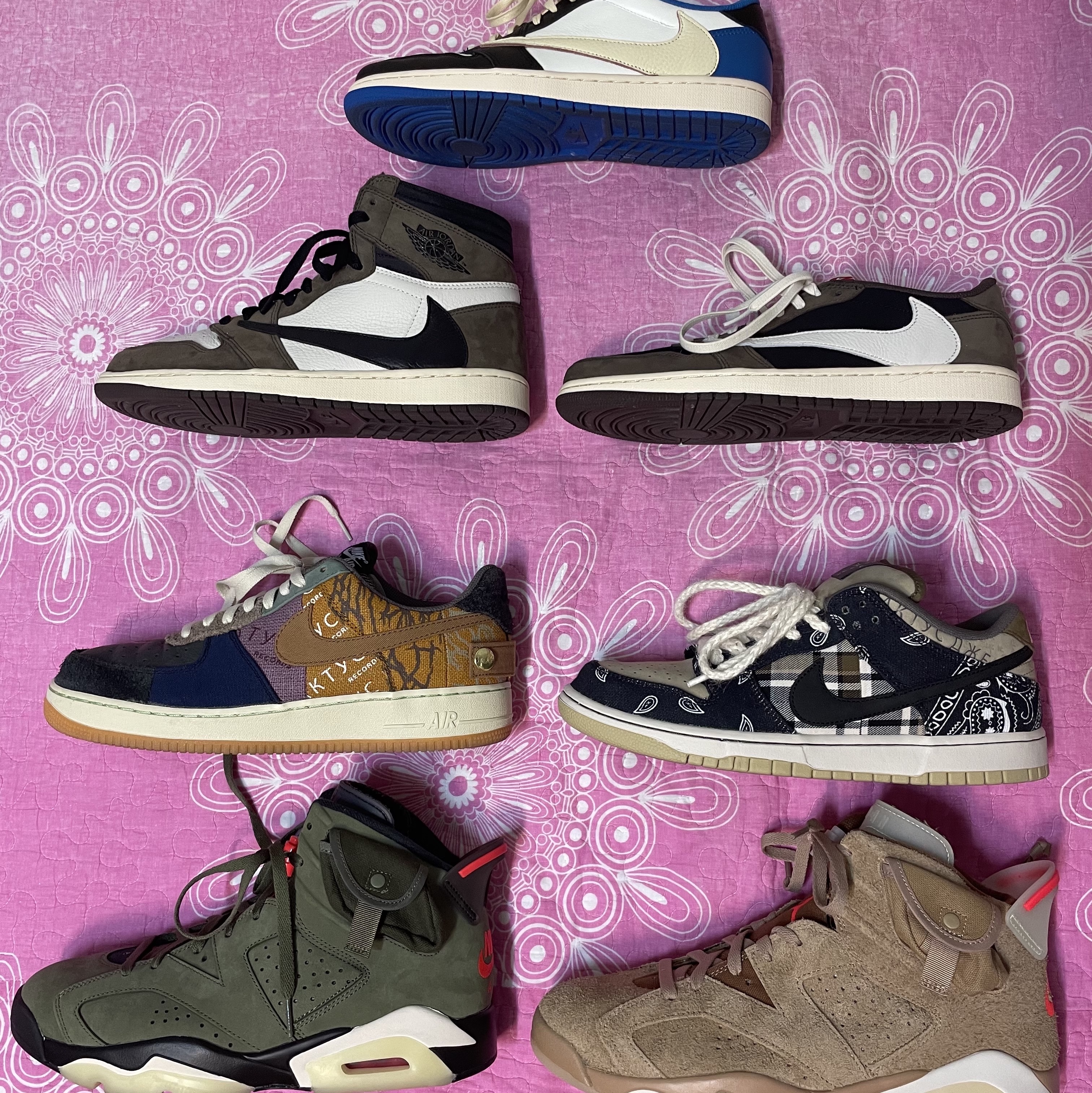 Jordan 1 x Travis Scott x Fragment Retro Low OG SP Military Blue, Jordan 6 x Travis Scott Retro SP British Khaki 착용 스타일