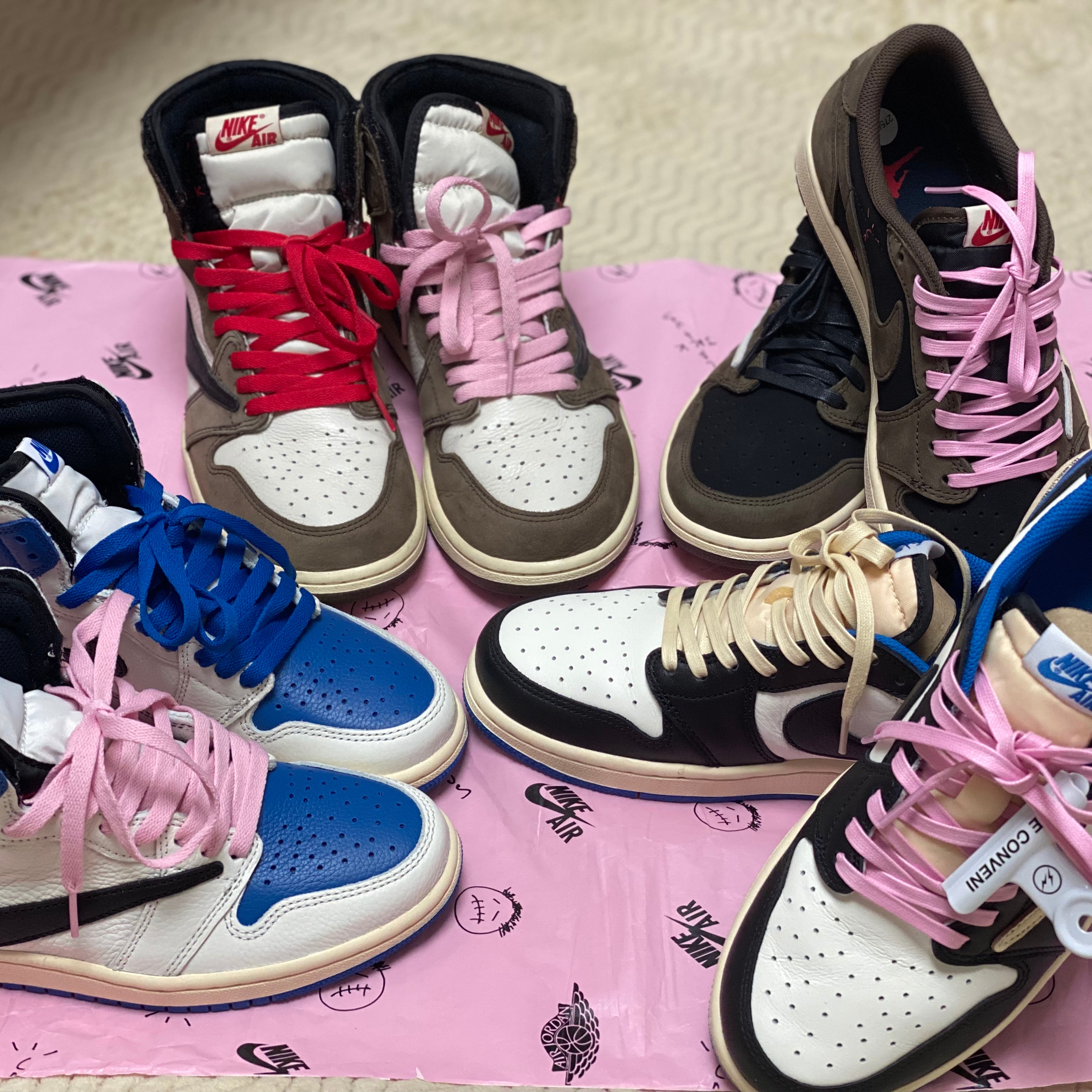 Jordan 1 x Travis Scott x Fragment Retro Low OG SP Military Blue, Jordan 1 x Travis Scott Retro High OG SP Mocha 착용 스타일 - 1