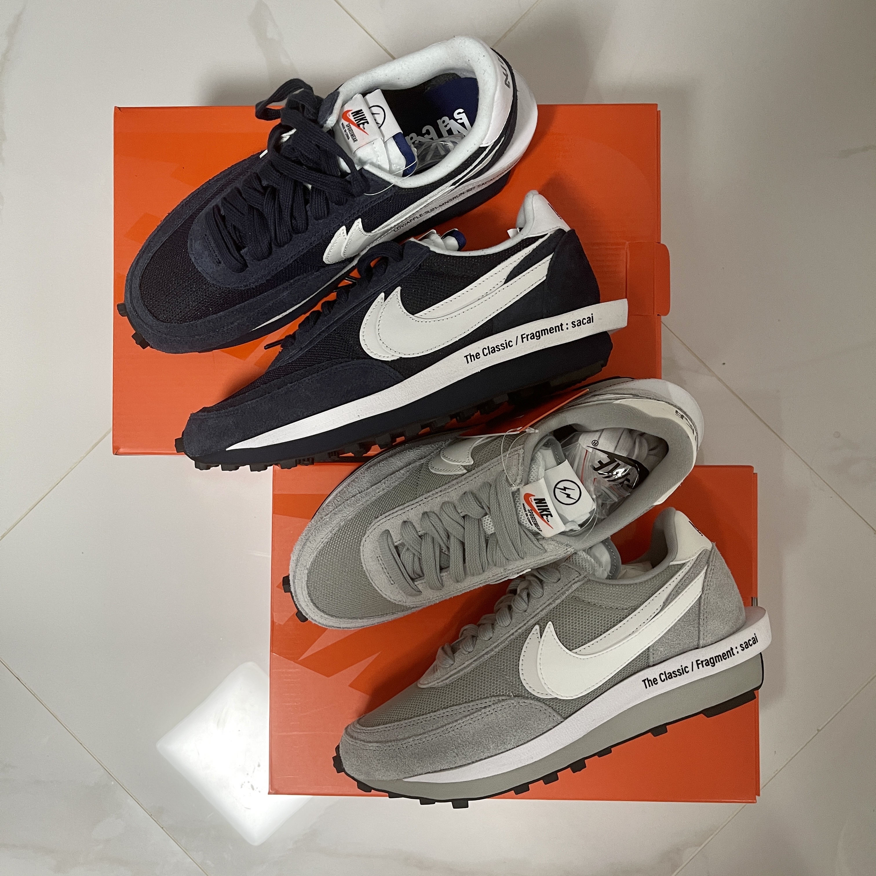 Nike x Sacai x Fragment LDWaffle Blackened Blue, Nike x Sacai x Fragment LDWaffle Light Smoke Grey 착용 스타일 - 2