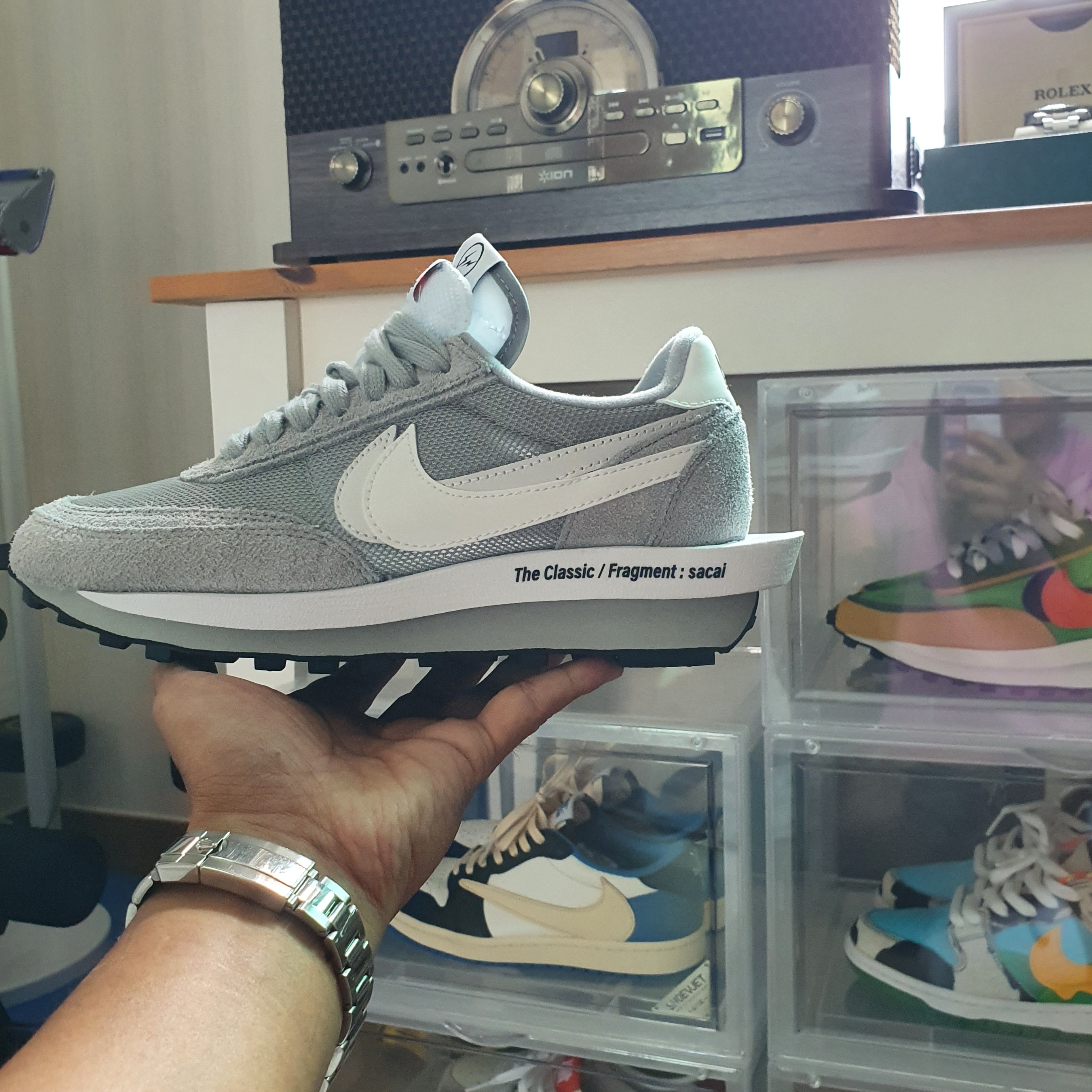 Nike x Sacai x Fragment LDWaffle Light Smoke Grey 착용 스타일 - 4