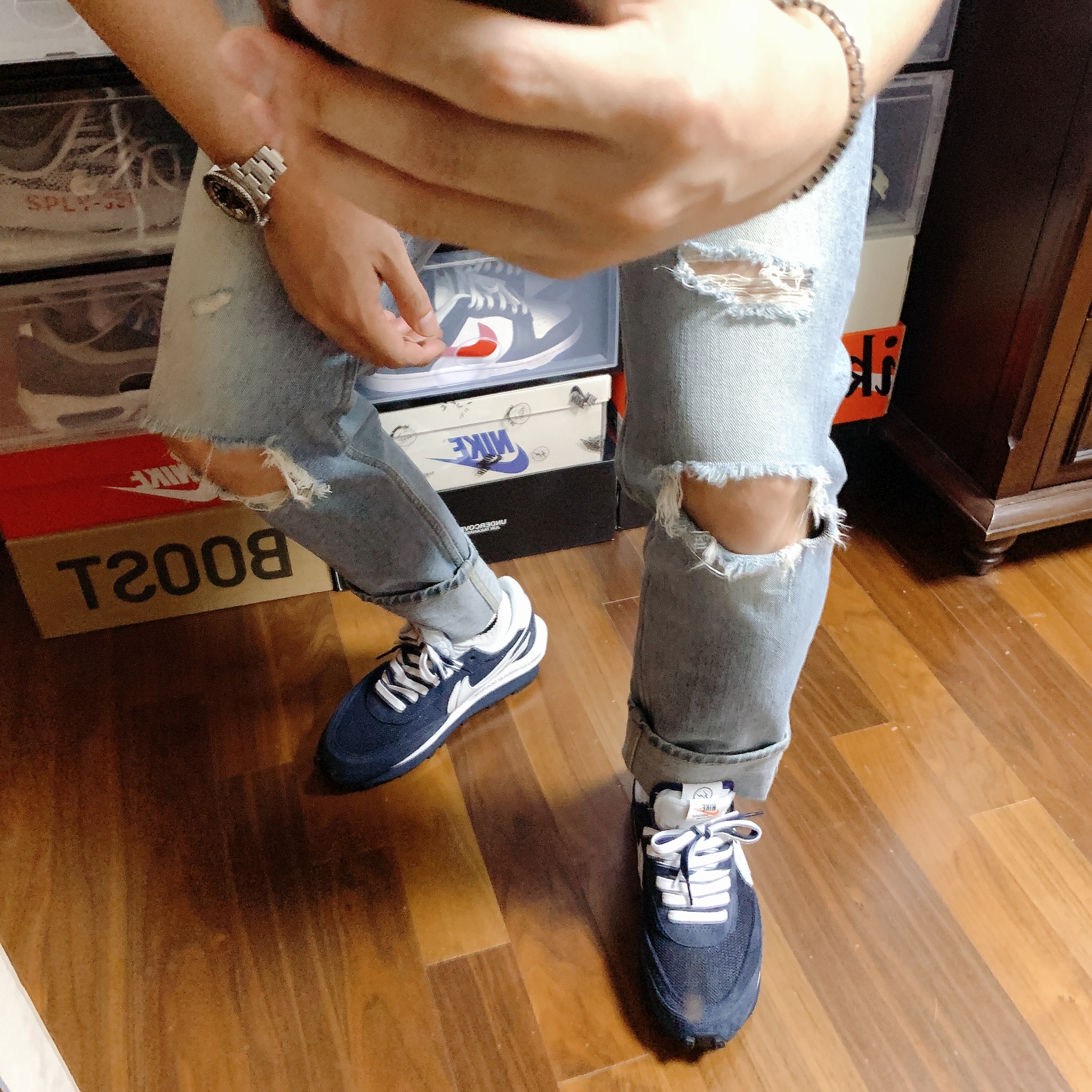 Nike x Sacai x Fragment LDWaffle Blackened Blue 착용 스타일 - 1