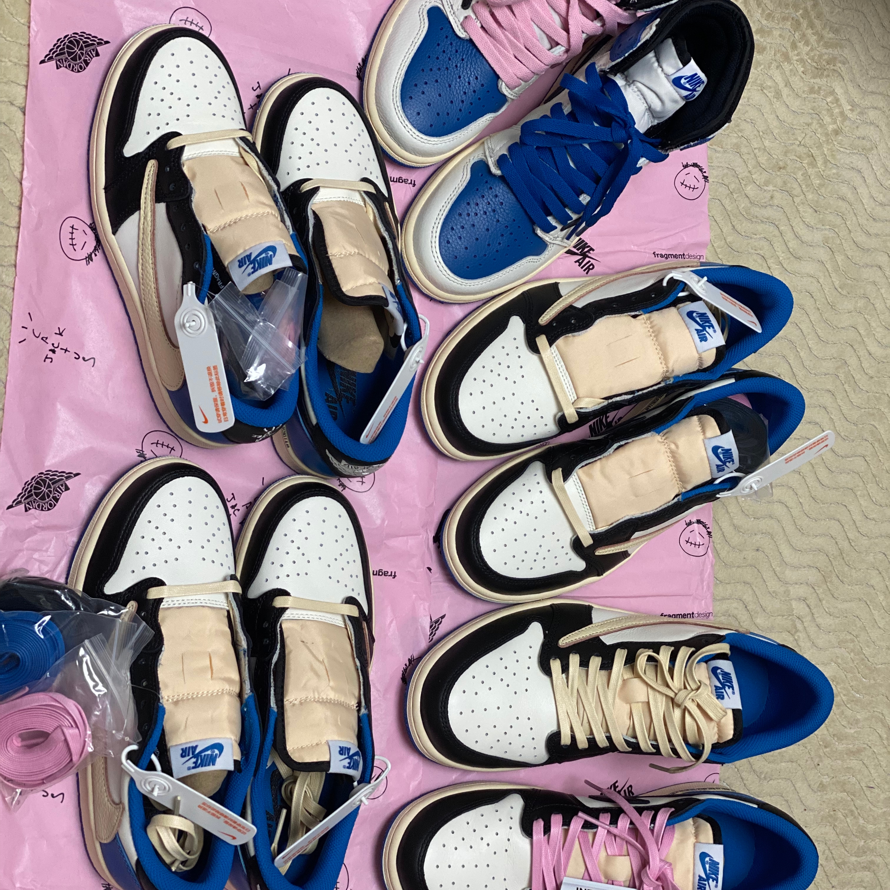 Jordan 1 x Travis Scott x Fragment Retro Low OG SP Military Blue, Jordan 1 x Travis Scott Retro High OG SP Mocha 착용 스타일 - 3