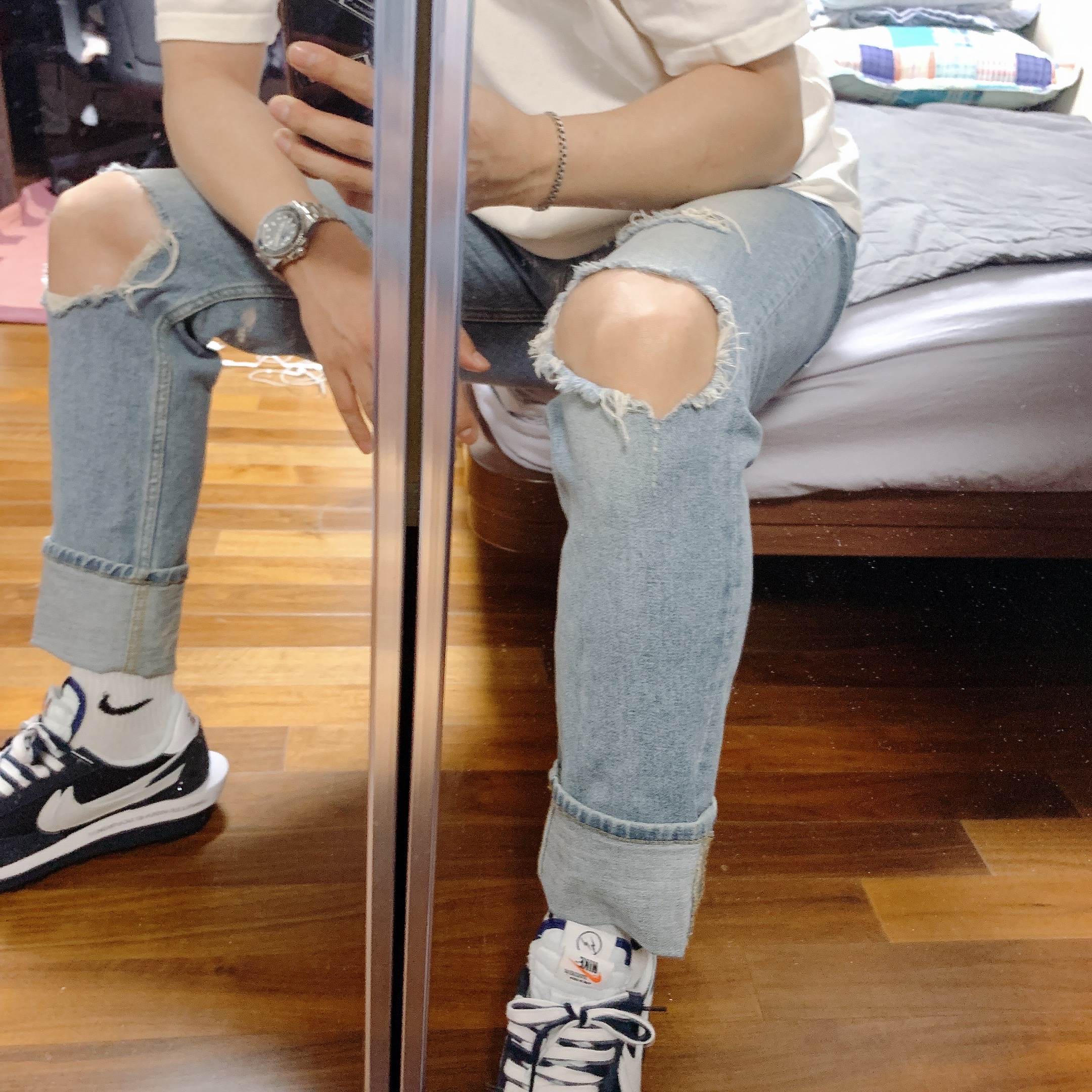 Nike x Sacai x Fragment LDWaffle Blackened Blue 착용 스타일 - 2