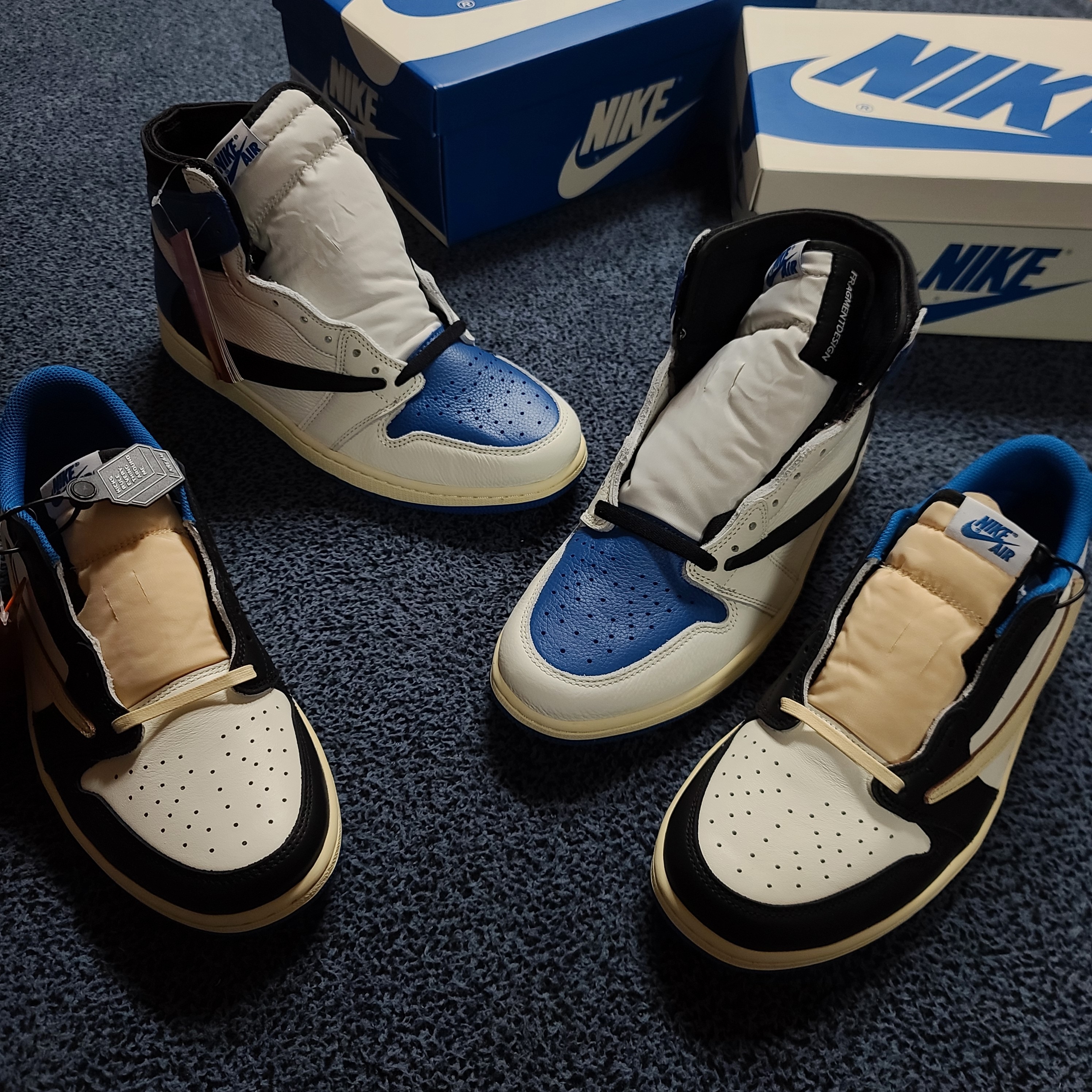 Jordan 1 x Travis Scott x Fragment Retro Low OG SP Military Blue, Jordan 1 x Travis Scott Retro High OG SP Mocha 착용 스타일 - 3