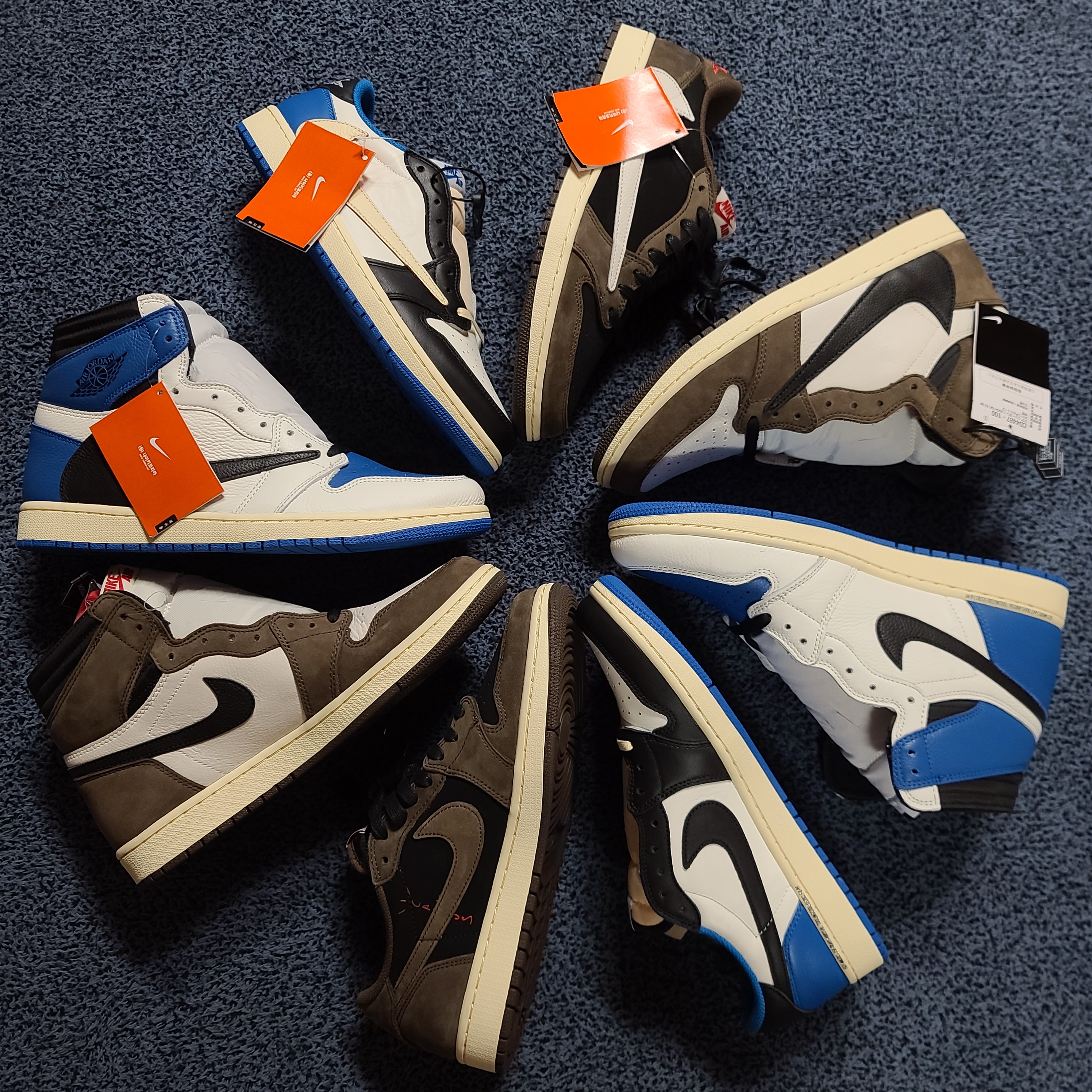 Jordan 1 x Travis Scott x Fragment Retro Low OG SP Military Blue, Jordan 1 x Travis Scott Retro High OG SP Mocha 착용 스타일 - 1