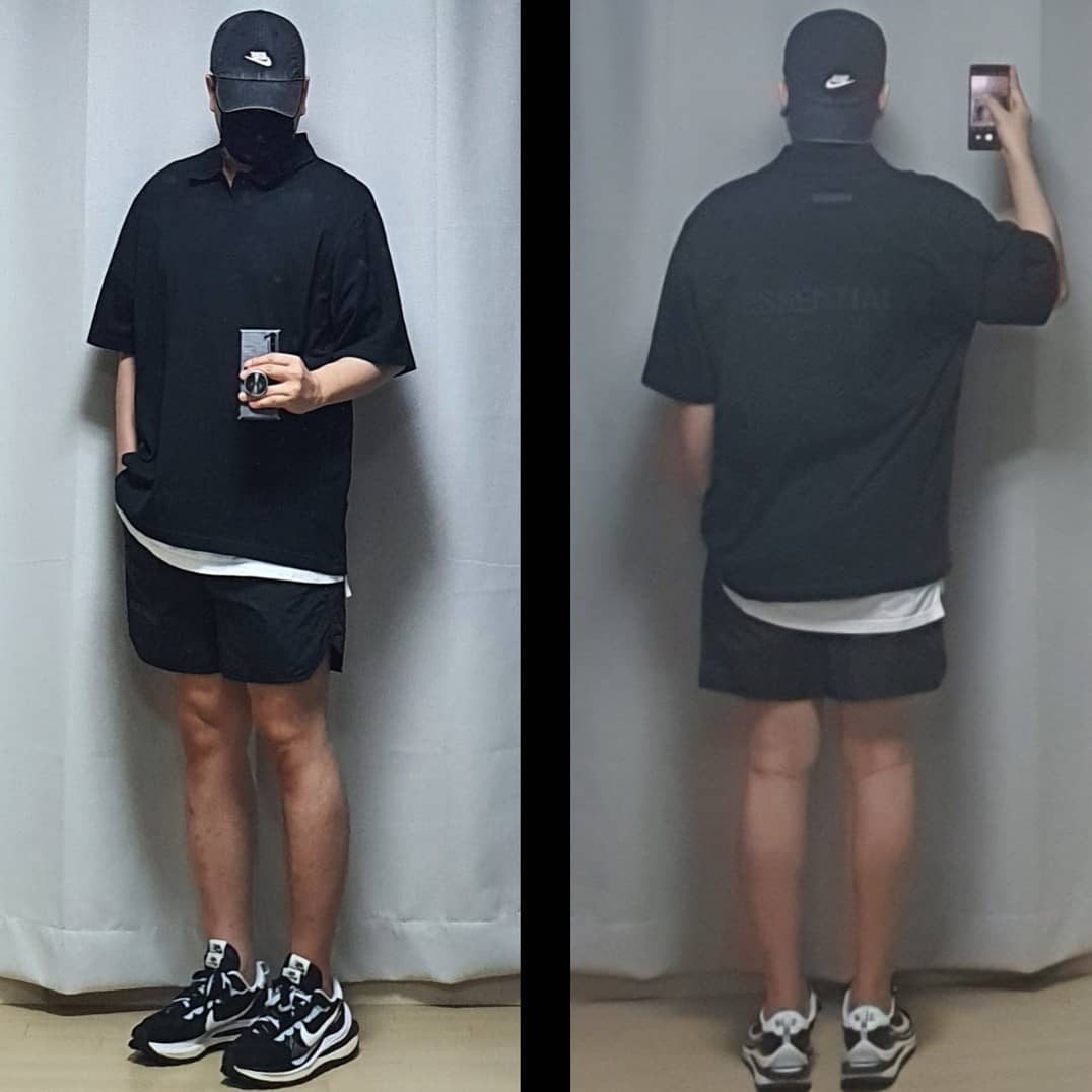 Essentials Short Sleeve Polo Black - 21SS, Essentials Volley Shorts Black - 21SS 착용 스타일 - 1
